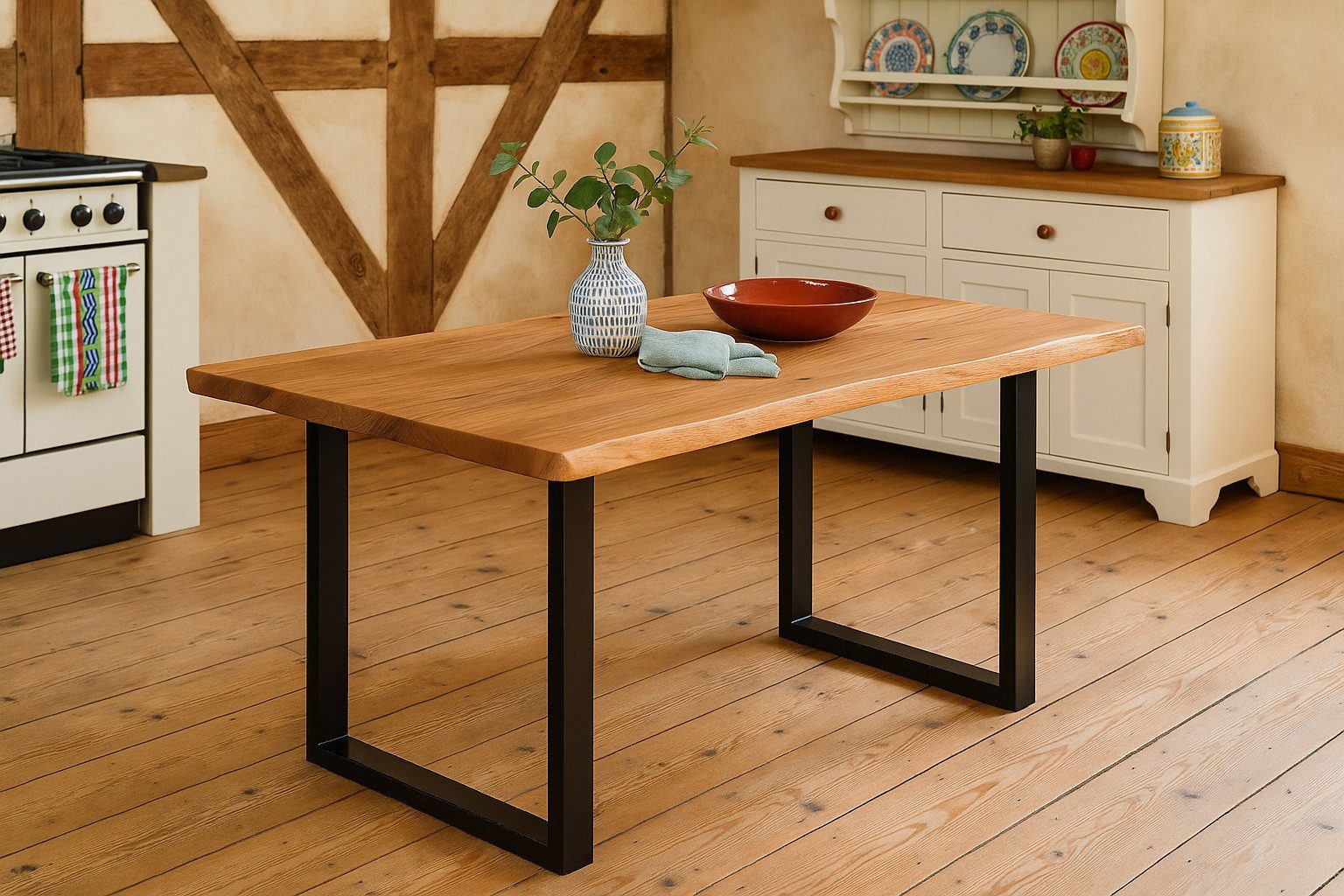 SAM® Baumkantentisch Sepp, massives Akazienholz, Baumkante, Metallgestell U-Form schwarz