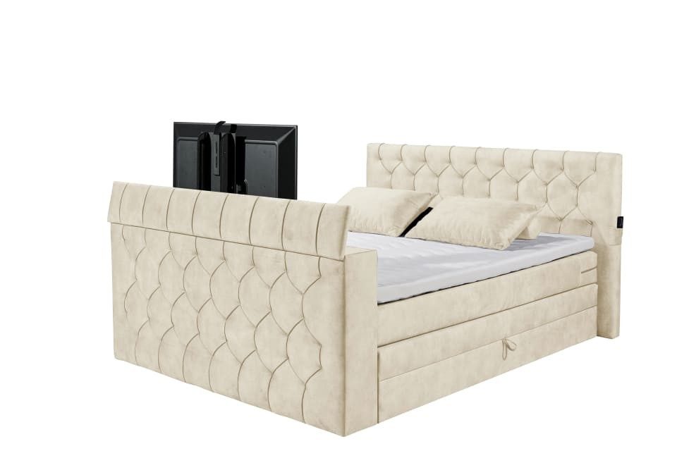 ED EXCITING DESIGN Boxspringbett Springdale - TV-Halterung, Bettkasten, Topper & Wendematratze H3/H4 (Komplettbett mit Topper, Matratze, Stauraum & TV-Halterung), Stauraum, TV-Halterung, Gel-Lux-Topper, Wendematratze H3/H4