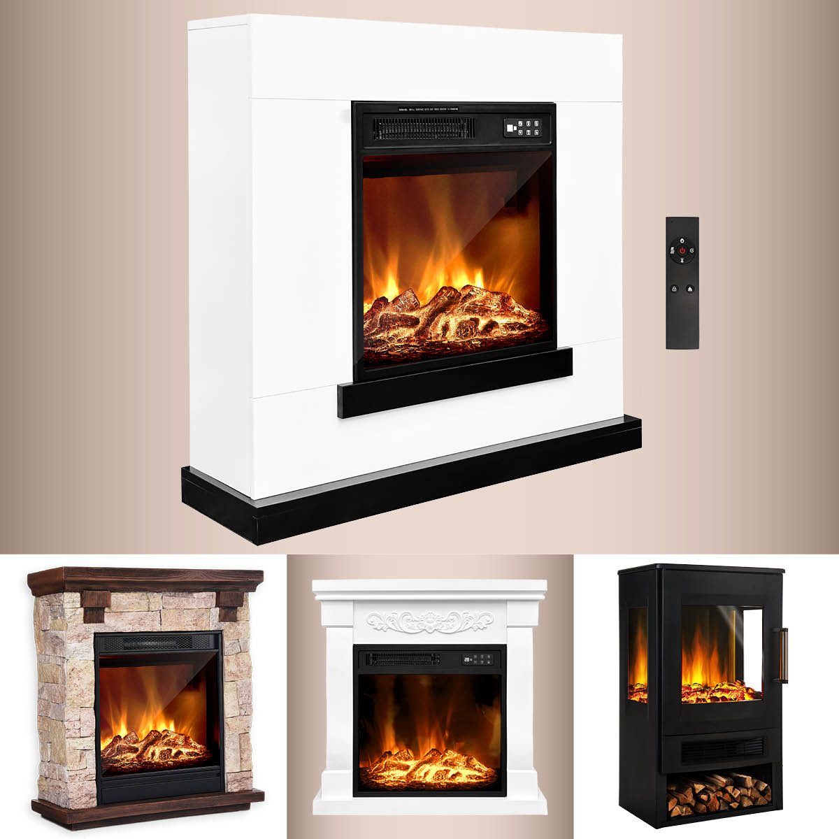 AMBINESS Elektrokamin 2 Heizstufen, 900W - 2000W, LED - 3D Flammeneffekt mit Farbwechsel, inkl. Fernbedienung Timer & Thermostat