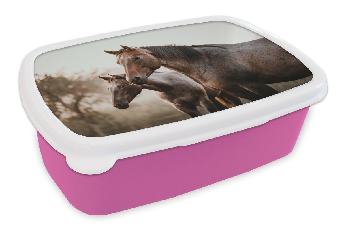 rosa (2-tlg), Snackbox, Kunststoff, Lunchbox Natur - Braun, Erwachsene, Mädchen, Kinder, für - Brotdose Pferde Brotbox Kunststoff MuchoWow