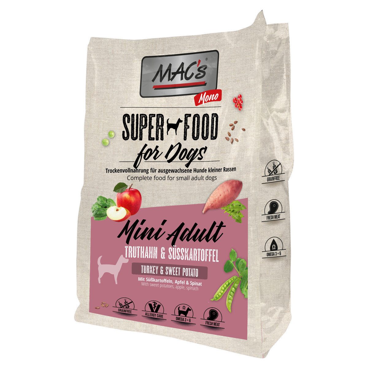 MAC'S Monoprotein Mini Adult Truthahn & Süßkartoffel 3 kg, Trockenfutter für: Hund
