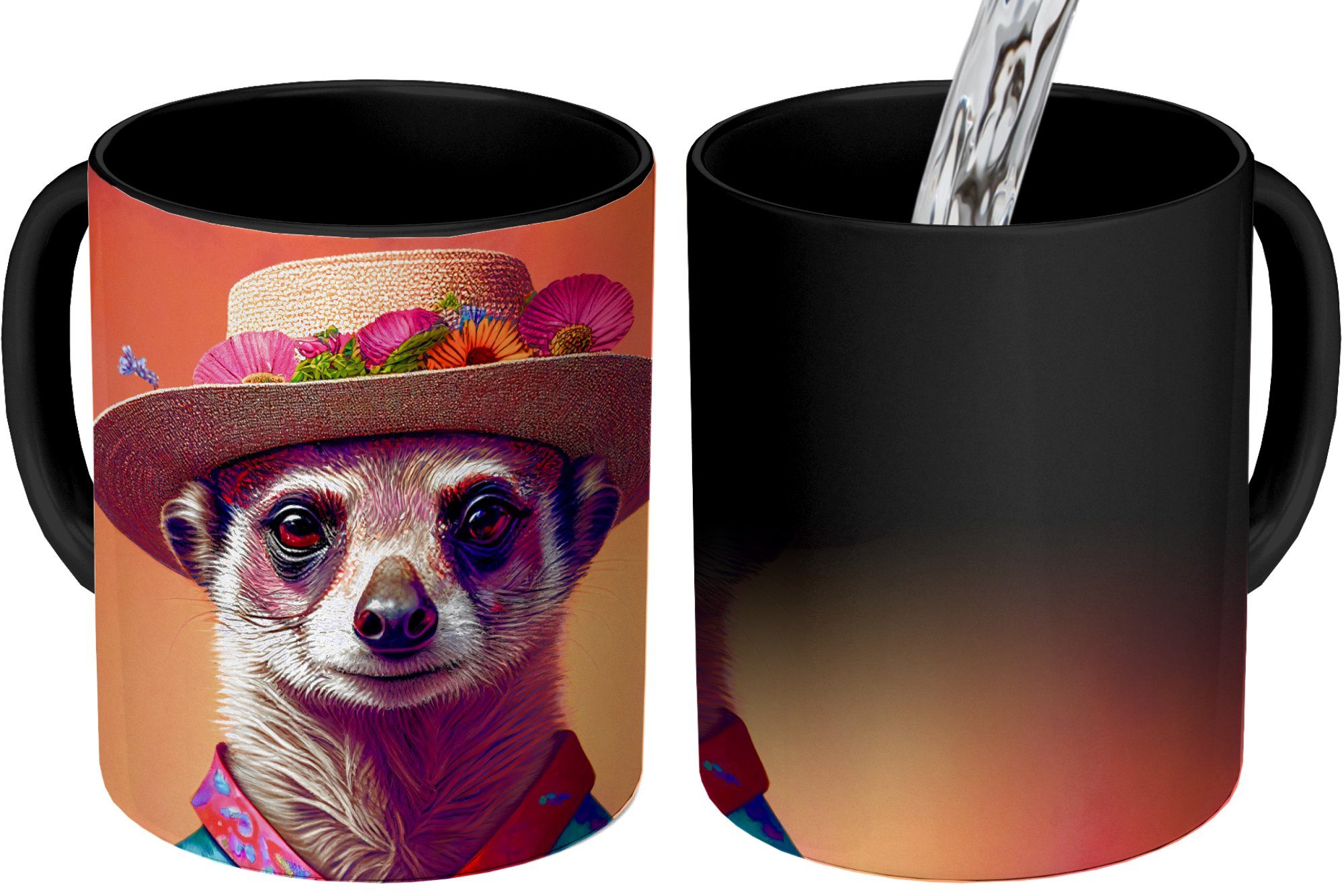 Farbwechsel, MuchoWow Porträt Kaffeetassen, Teetasse, Erdmännchen Geschenk Erdmännchen, Keramik, Hut Tasse - - - - Zaubertasse, - Tiere Blumen