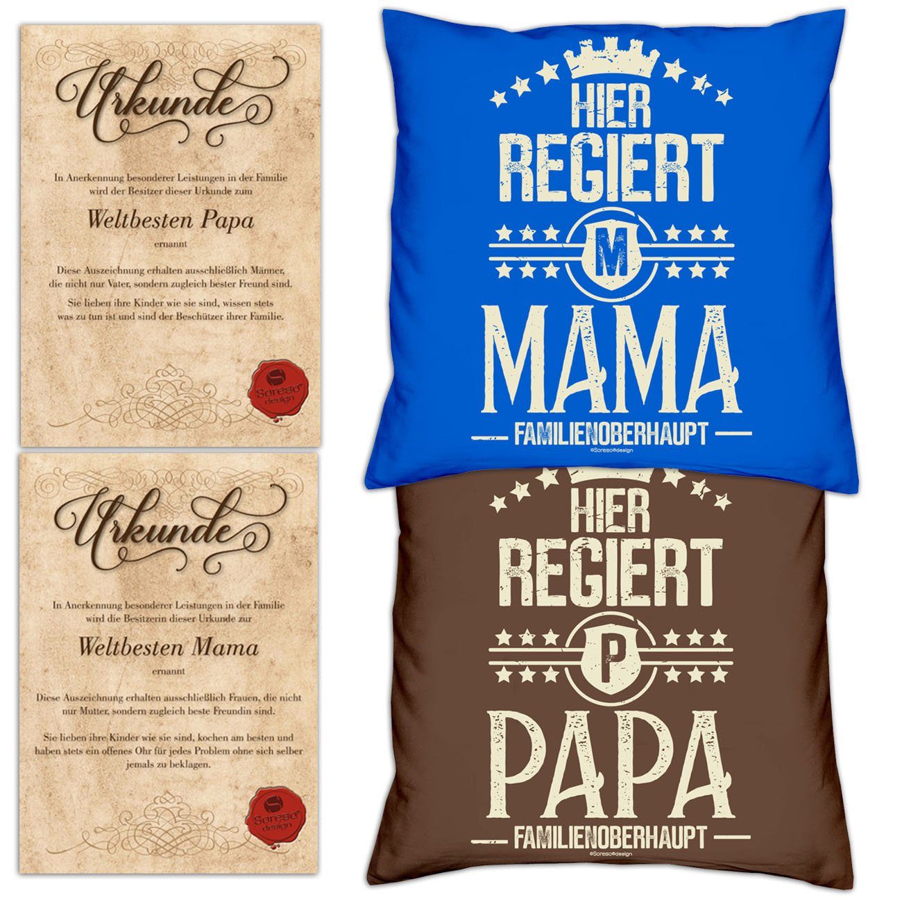 Soreso® Dekokissen Kissen-Set Hier regiert Papa Hier regiert Mama mit Urkunden, Weihnachtsgeschenk für Eltern royal-blau