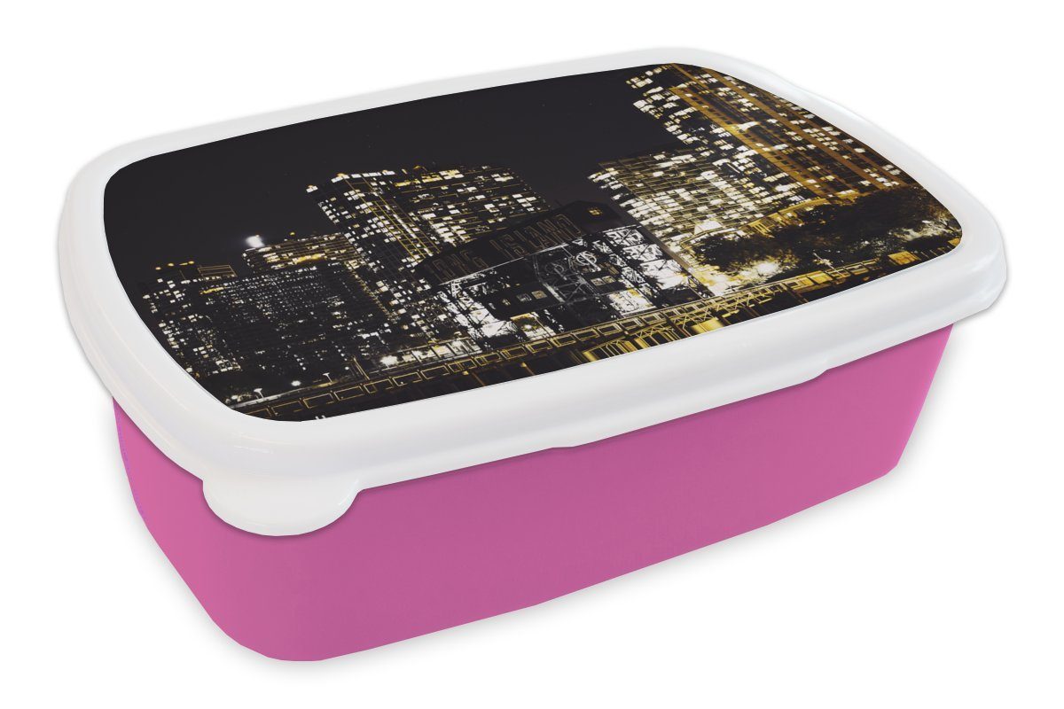 MuchoWow Lunchbox New York - Bäume - Beleuchtung, Kunststoff, (2-tlg), Brotbox für Erwachsene, Brotdose Kinder, Snackbox, Mädchen, Kunststoff rosa | Lunchboxen