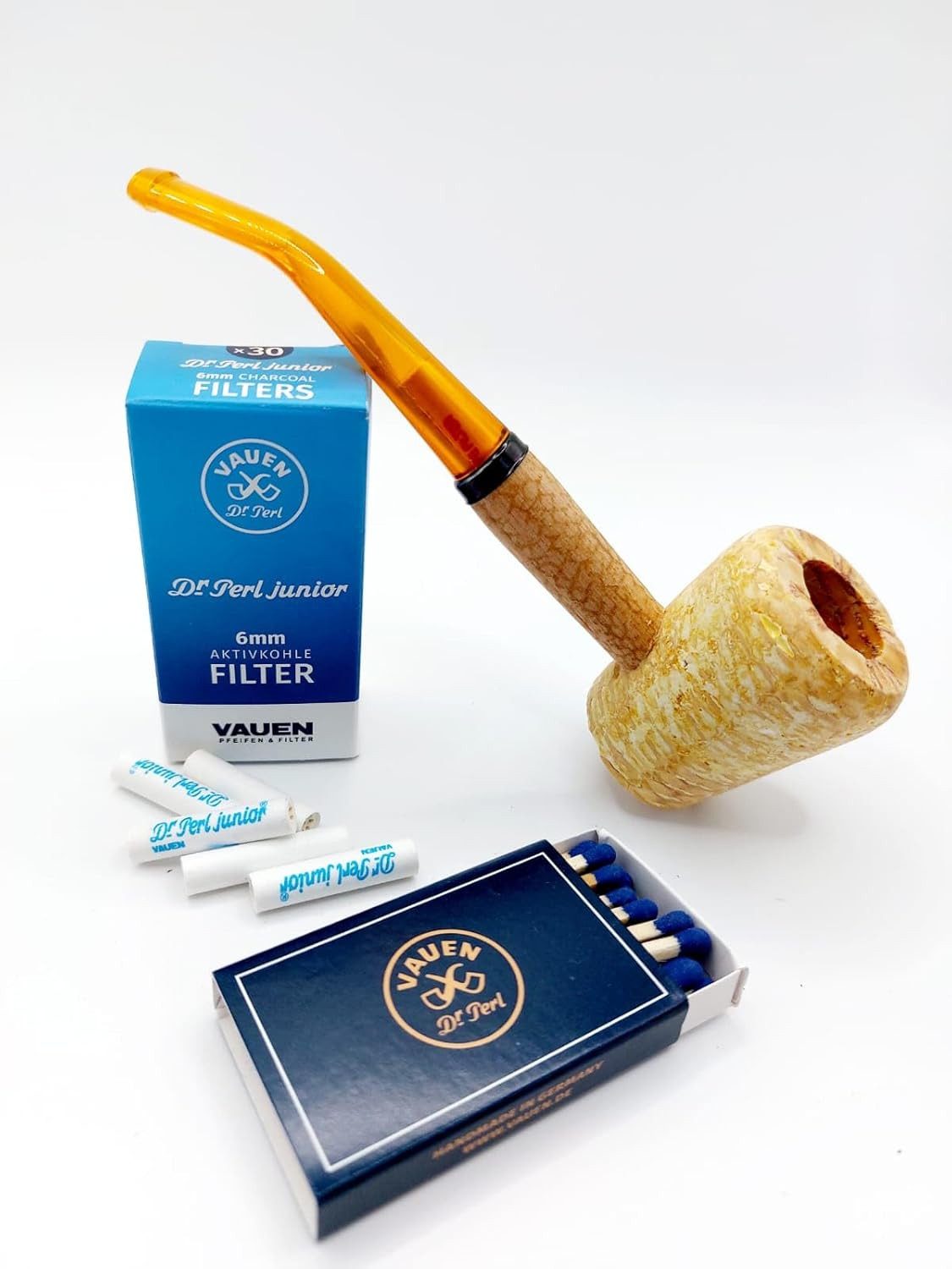 Handpfeife Maiskolbenpfeife Set mit 1 x 30er VAUEN 6mm Filter und Zündhölzer