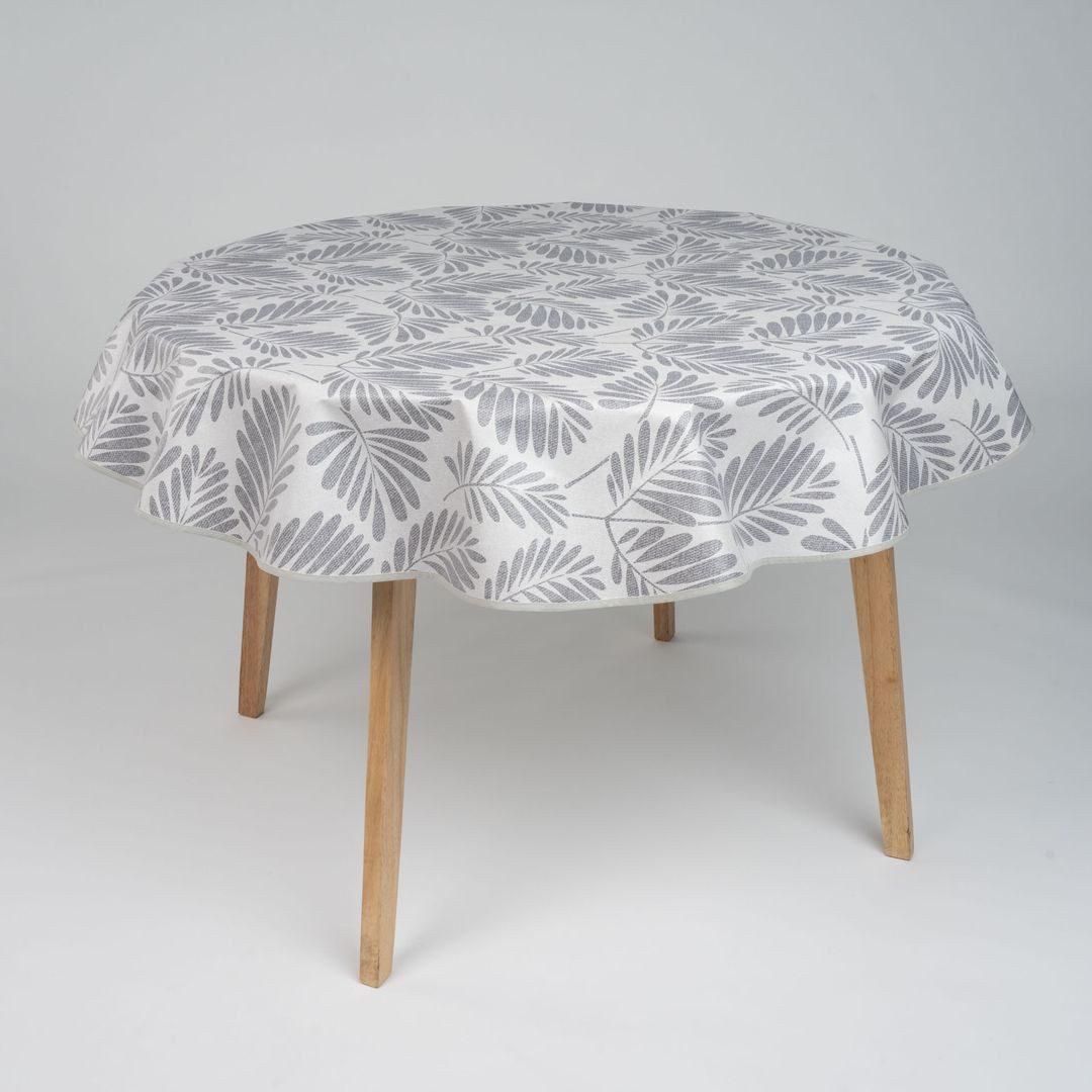 laro Tischdecke 140cm runde Tischdecke mit Saum-Eingefasst Blattgeflüster Grau Weiß