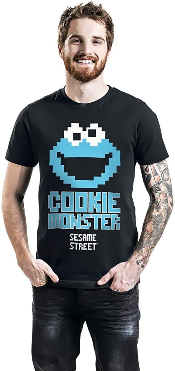 T-Shirt XXL Herren Schwarz-Blau Print-Shirt Sesamstreet Pixel Jugendliche L Sesamstrasse Cookie Monster und Gr. Krümelmonster M XL