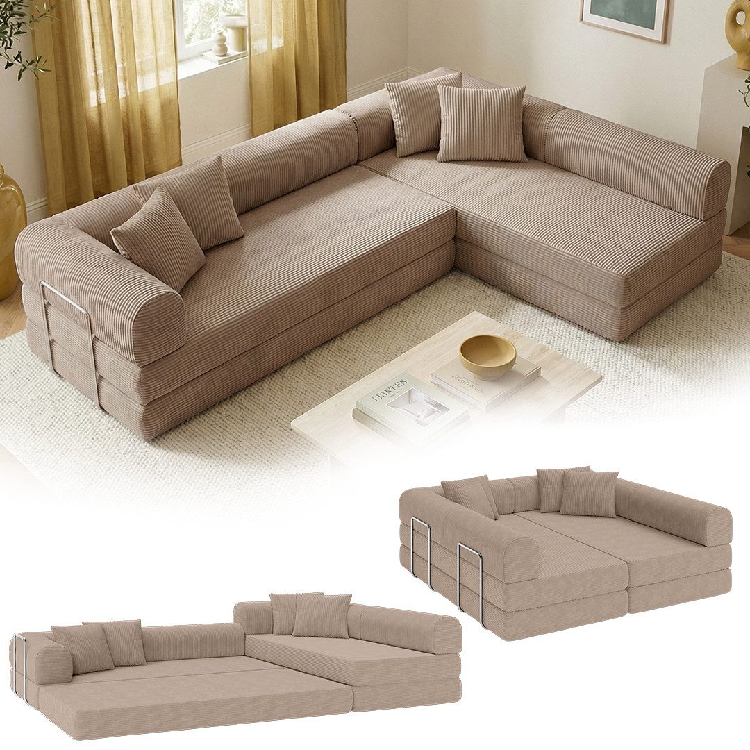 skølm Sofa & Sessel Lofn aus Vollschaum Cord, umwandelbar zum Schlafsofa/-Sessel, Taupe, Ecksofa 300 cm breit, 4 Sitzer, kein Aufbau erforderlich, vakuumiert