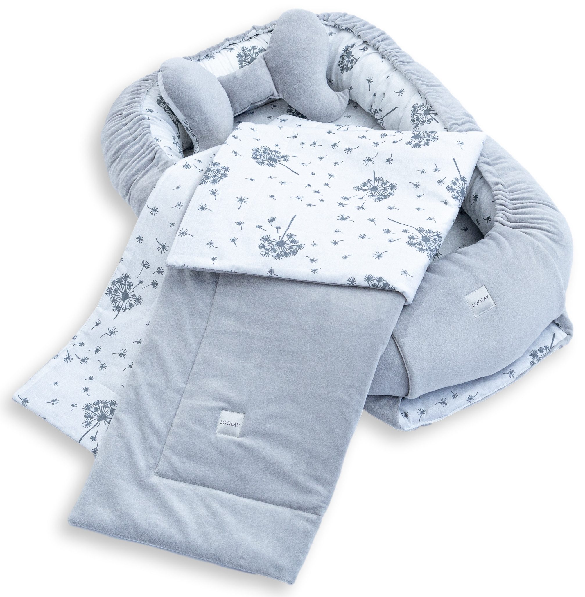 Loolay Kuschelnest BABYNEST + DECKE + Kissen Babyausstattung Baumwolle & Samt Velours, (MUSTER: GRAU Samt Velour/ Pustelblume Weiß, 3-tlg., Liebevoll handgefertigt Nestchen! Geborgenheit Komfort für Neugeborene), Premium Ausstattung - 100% Europäische Sto
