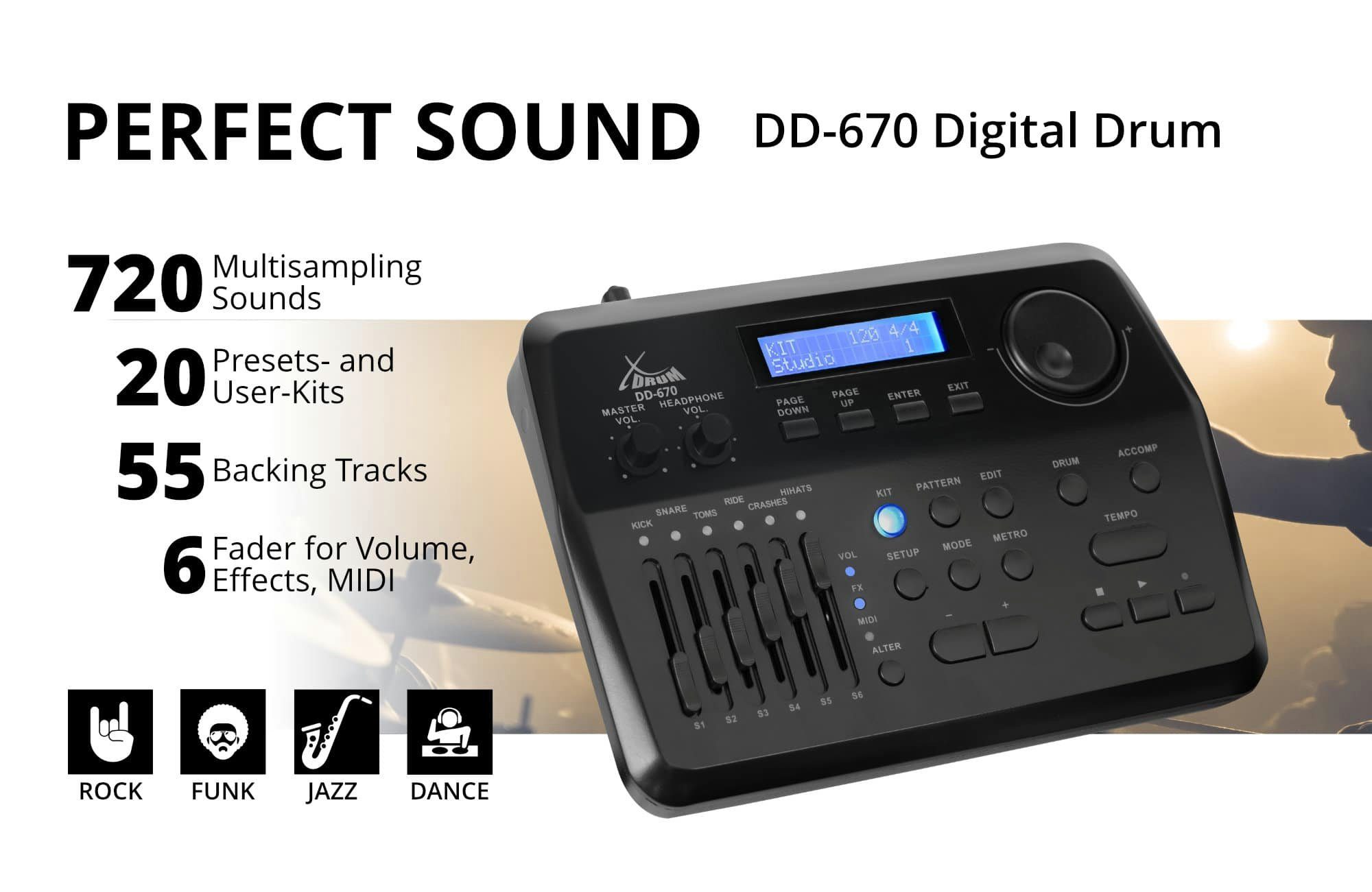 XDrum E-Drum DD-670 PLUS Mesh E-Drum Kit, 10-St., echte Holzkessel, 720 Sounds, 20 Preset- und 20 User-Kits