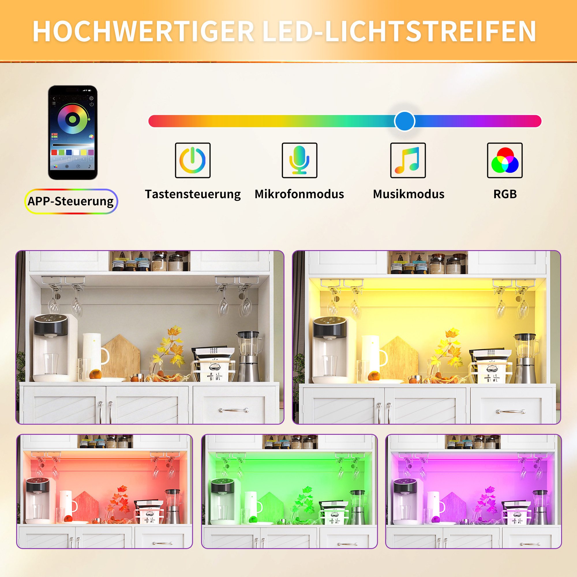 Odikalo Küchenbuffet Küchenschrank Buffetschrank mit LED & Schubladen (120x40x188cm, mit LED-Beleuchtung, Snackregal & Getränkehaltern, 4 Türen & 2 große Schubl – Bild 4 von 5