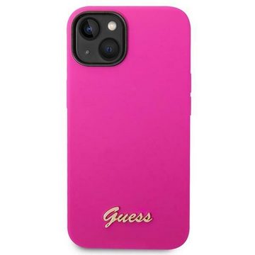 Guess Handyhülle Guess Apple iPhone 14 Hard Case Silicone Vintage Gold Logo Pink