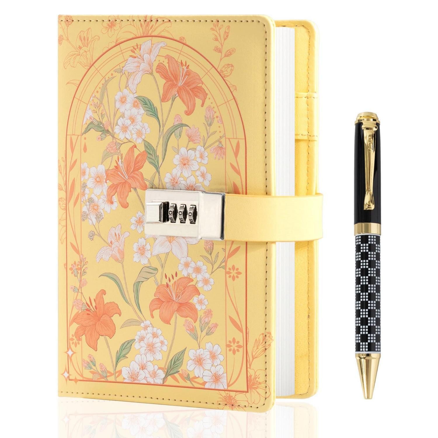 LuxusKollektion Tagebuch Tagebuch mit Schloss A5 liniert gelb Blumenmuster