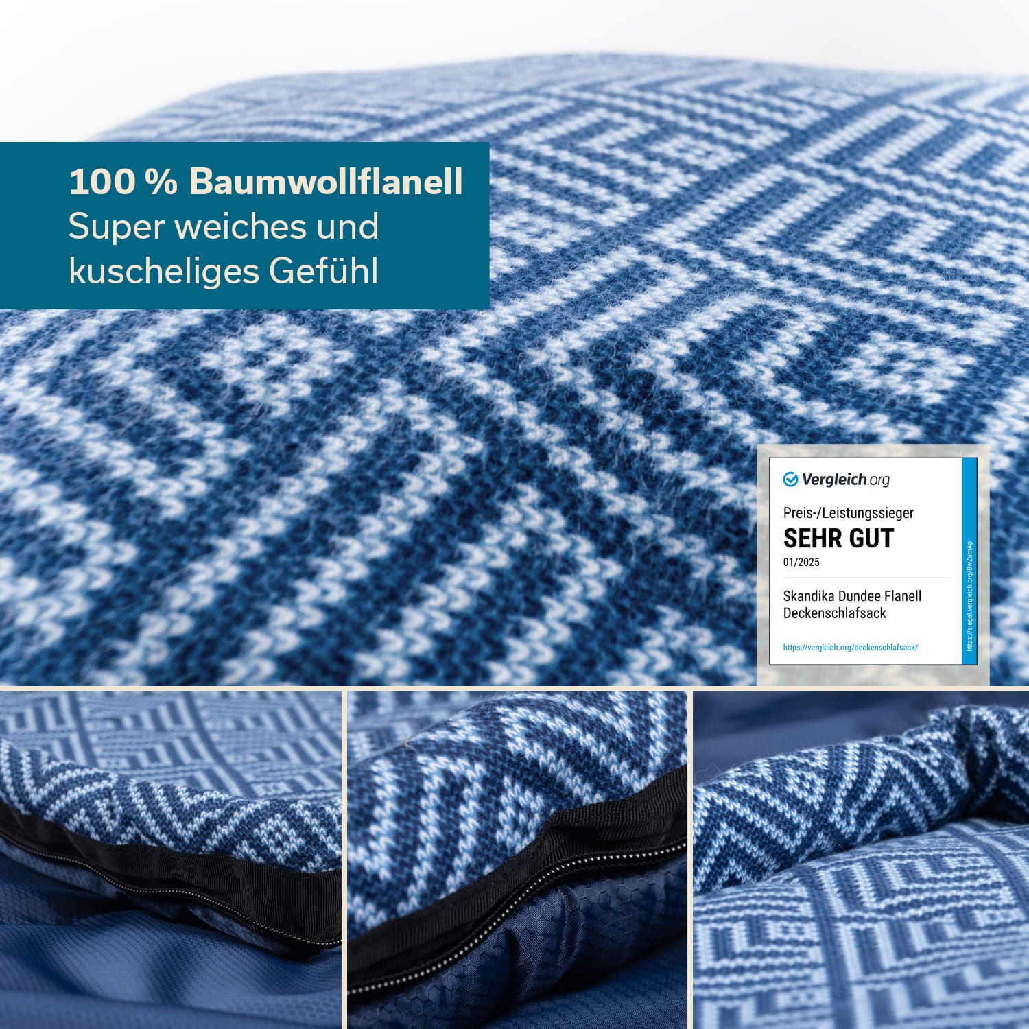 Skandika Schlafsack Dundee + Kopfkissen, 3 Jahreszeiten, bis -20°C - 220x80cm, Koppelbar (Innentasche mit Klett, Koppelbar, Kapuze/Kopfteil mit Kordel), Innenfu – Bild 2 von 5