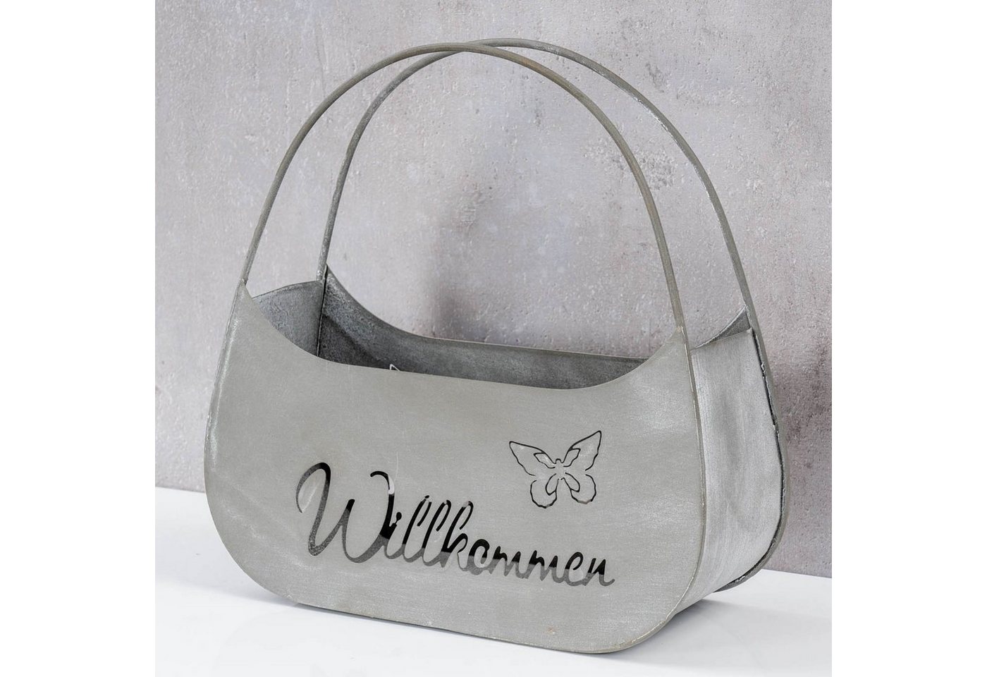 Thumbnail - Levandeo® Blumentopf, Blumentopf Tasche Willkommen L25cm Grau Metall Pflanztopf Garten-Deko