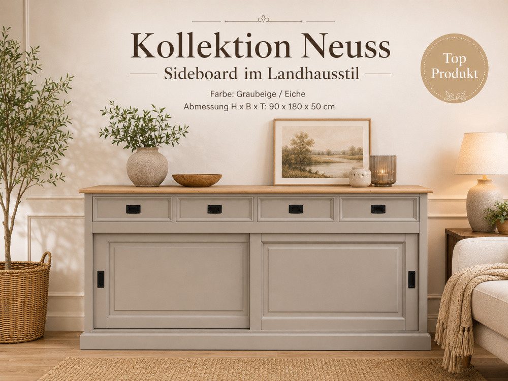 Wohnpalast Buffet Sideboard Neuss graubeige/eiche 180 cm mit Schiebetüren im Landhaus St