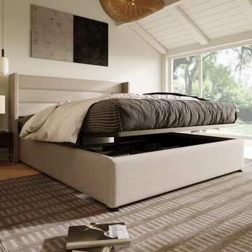 NMonet Polsterbett Doppelbett Stauraumbett 180x200cm (Hydraulisch anhebbarer Bettstauraum), mit Bettkasten und Lattenrost, Bezug aus Leinen, 180 x 200cm