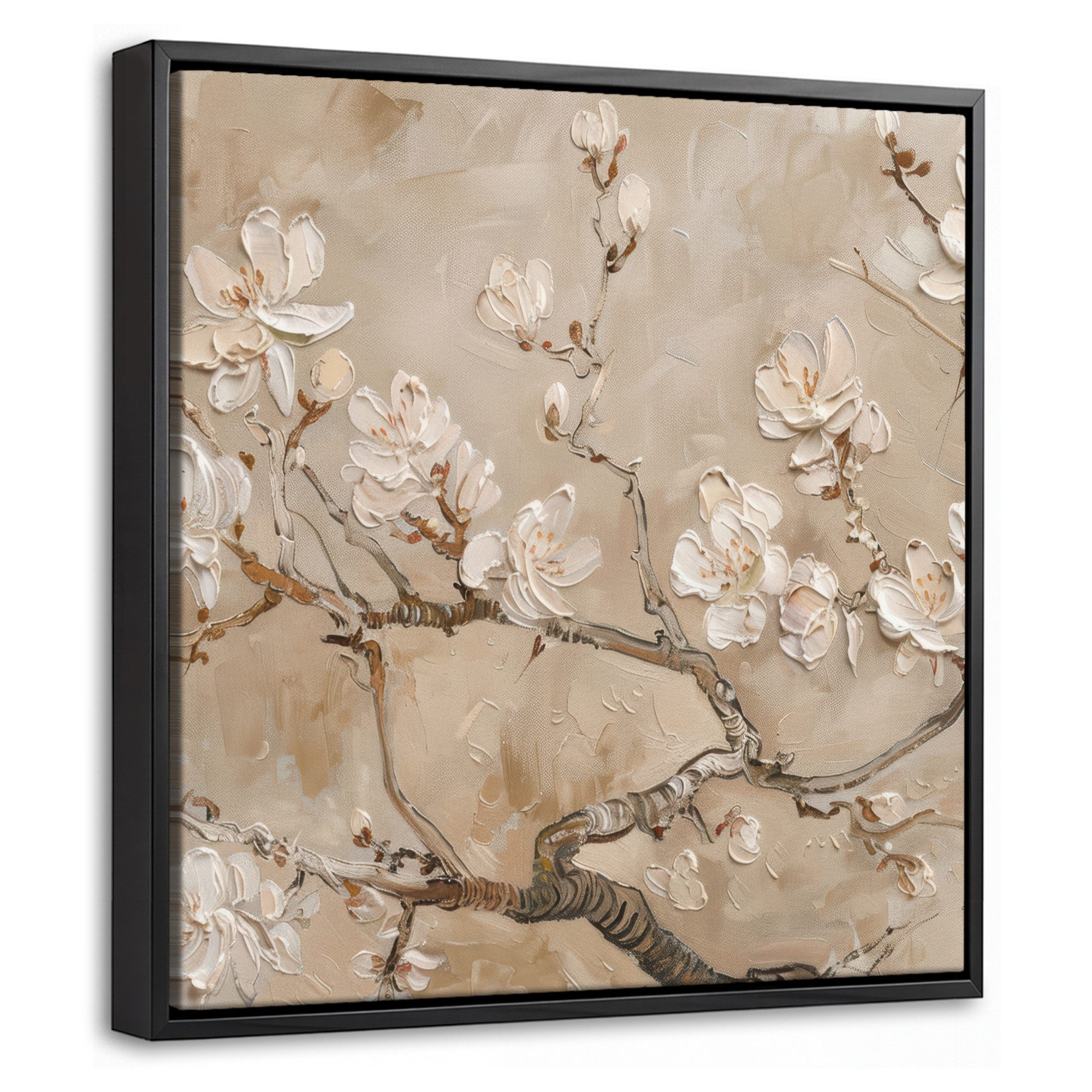 OneMillionCanvasses® Leinwandbild mit Rahmen - Blumen - Modern - Beige - Weiß - Blüte, Fotodruck (1 St), Leinwand Bilder Klein, Wand Dekoration Aesthetic 20x20cm