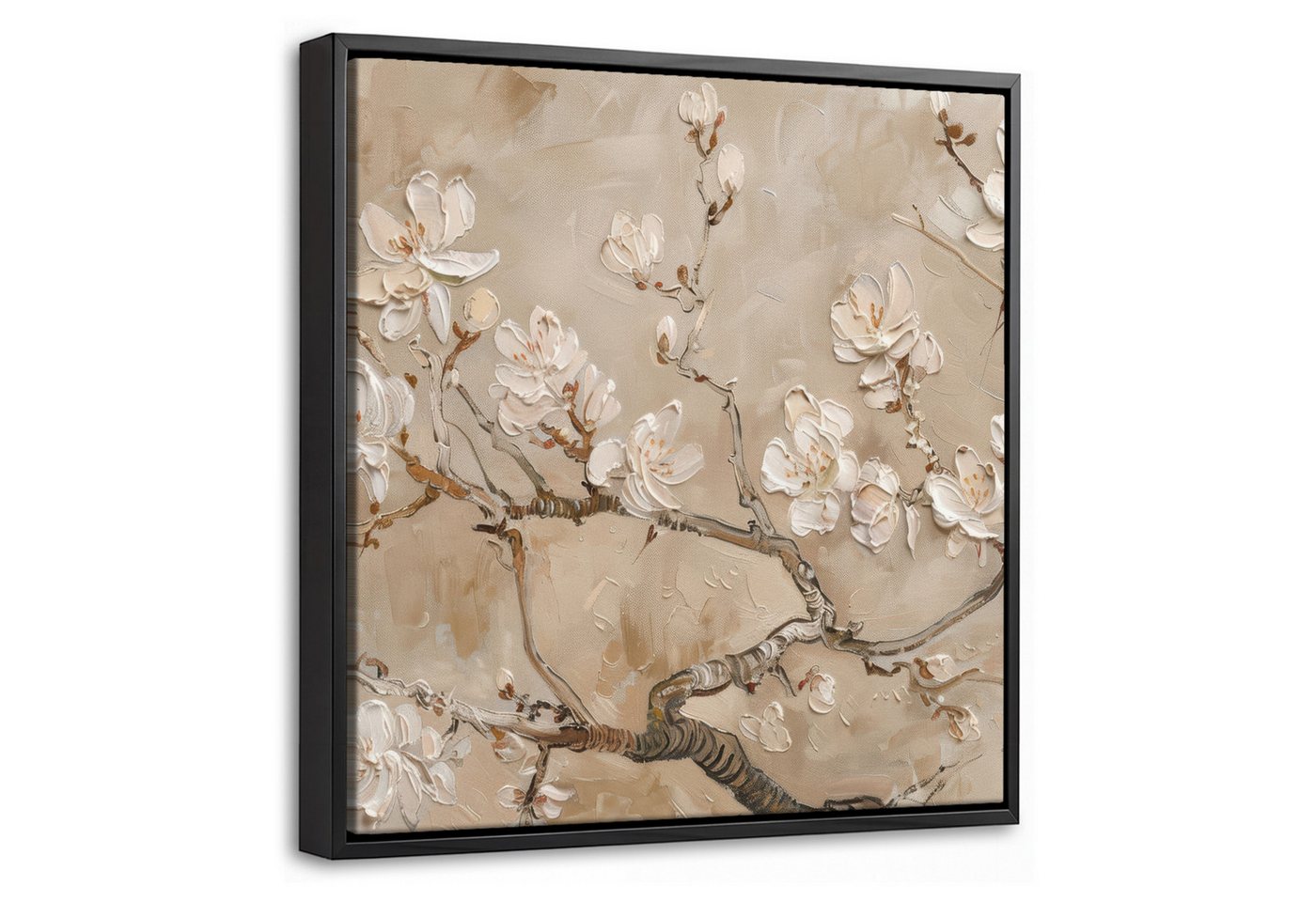 OneMillionCanvasses® Leinwandbild mit Rahmen - Blumen - Modern - Beige - Weiß - Blüte, Fotodruck (1 St), Leinwand Bilder Klein, Wand Dekoration Aesthetic 20x20cm