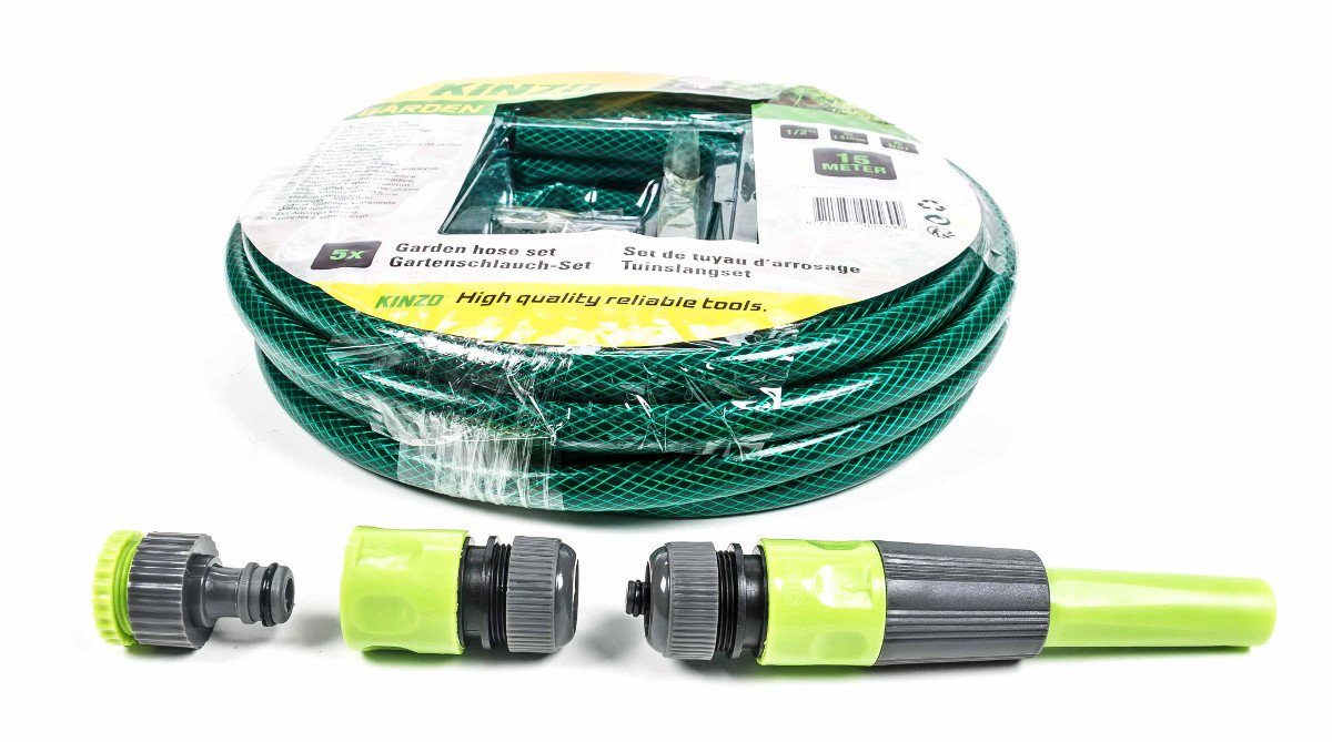 Kinzo Gartenschlauch Gartenschlauch-Set, 15m Wasserschlauch, Anschluss-Adapter und Spritzdüse