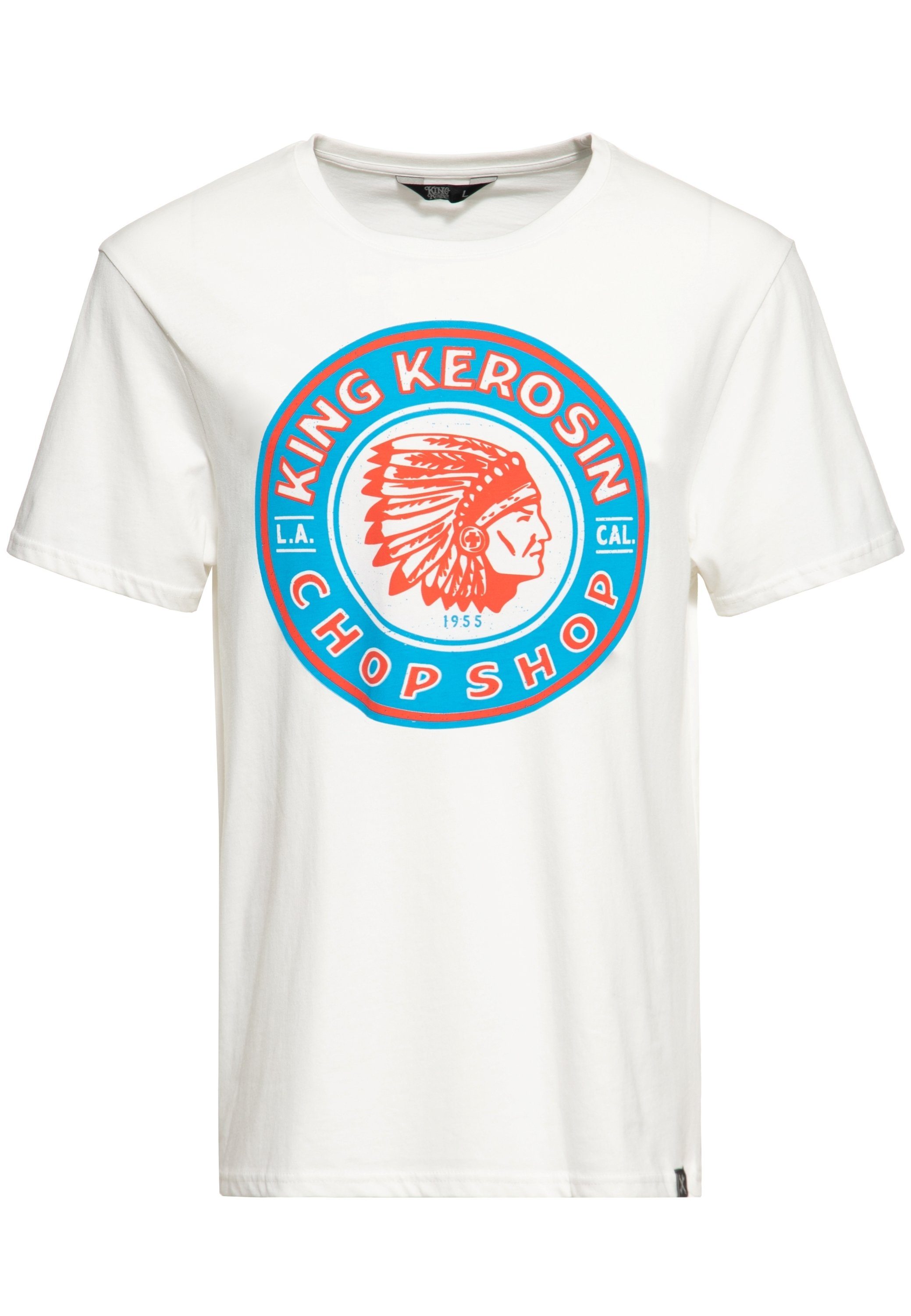 KingKerosin Print-Shirt Front Print (1-tlg) Shop mit Chop weiß plaktivem Retro