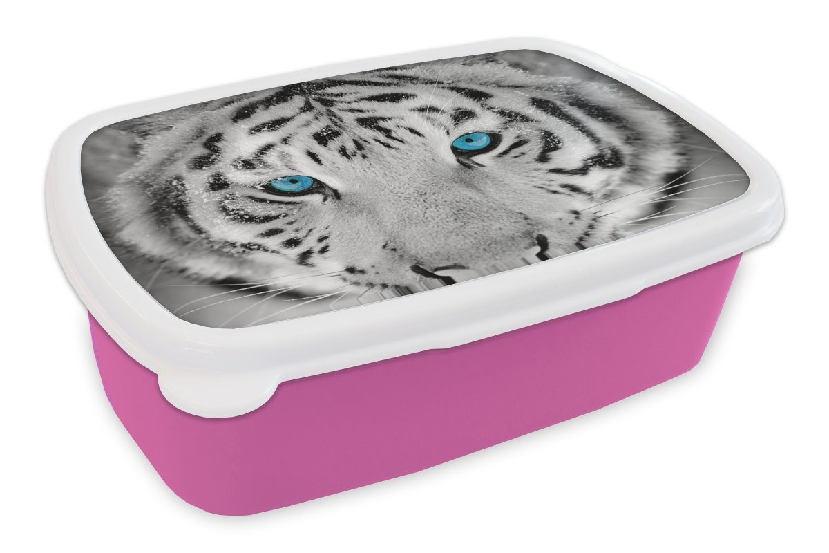 MuchoWow Lunchbox Tiger - Winter - Tiere, Kunststoff, (2-tlg), Brotbox für Erwachsene, Brotdose Kinder, Snackbox, Mädchen, Kunststoff rosa