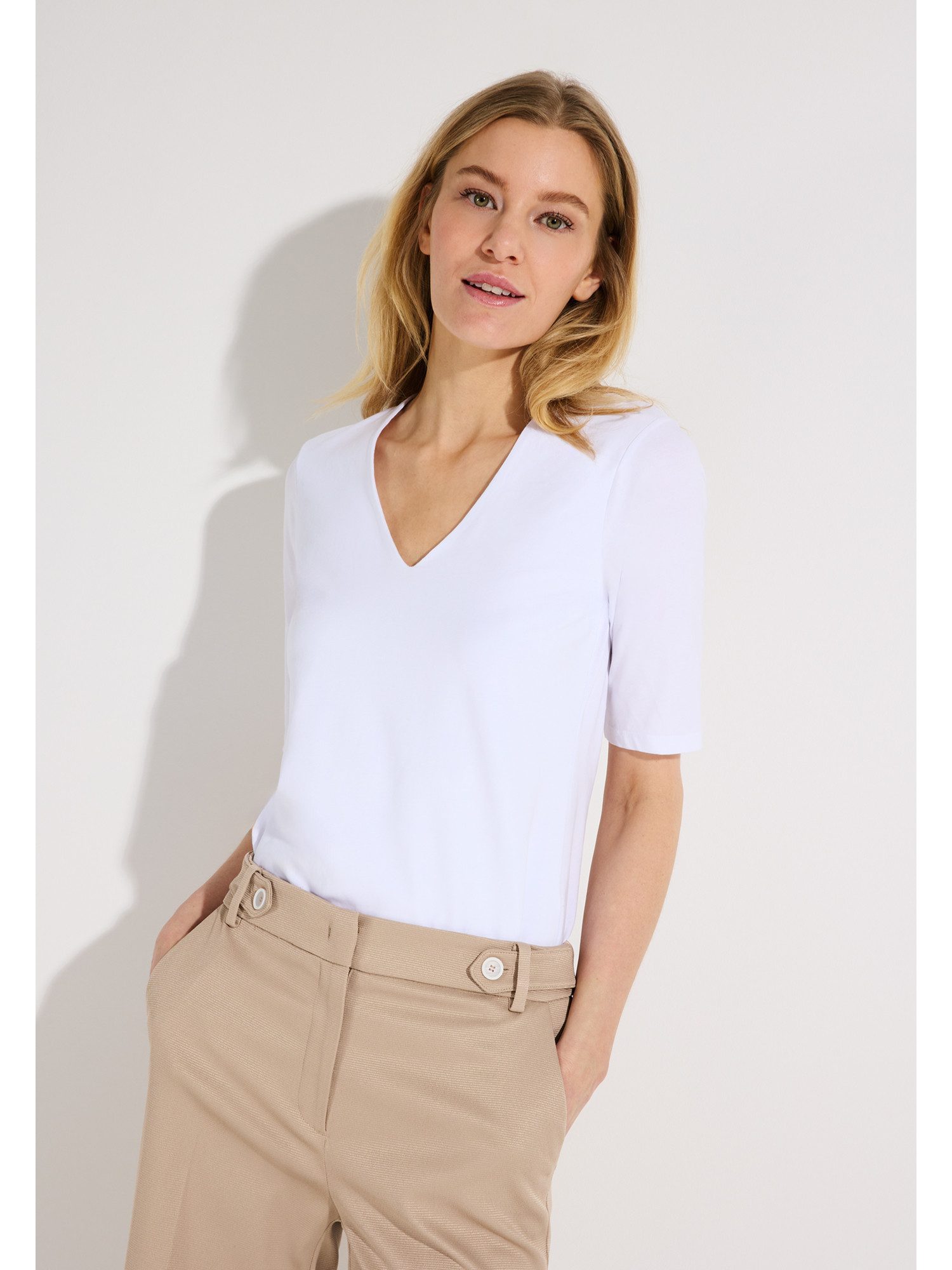 MORE&MORE T-Shirt elastisches Kurzarmshirt, V-Ausschnitt