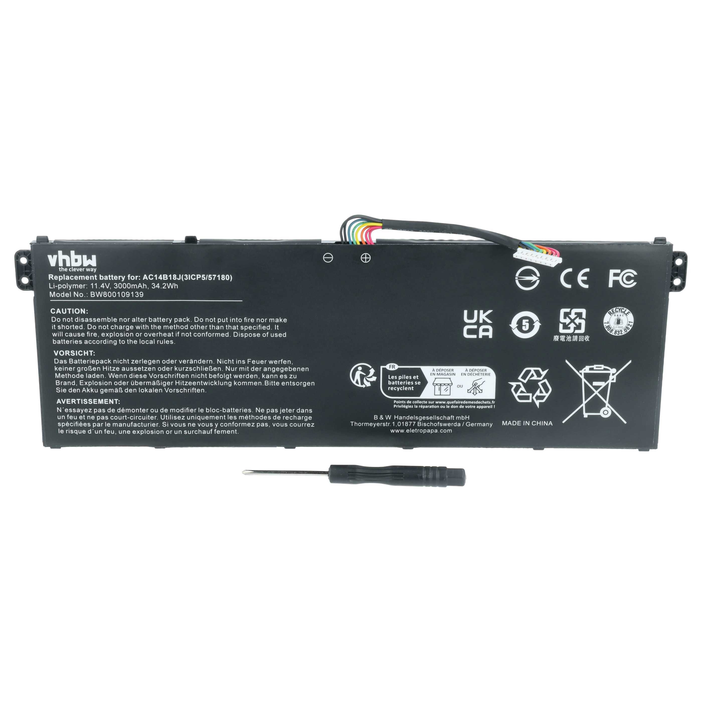 vhbw Akku passend für Acer Aspire E5-771, E5-711, E5-731, E5-571P-363N, Laptop-Akku Akku Li-Polymer 3000 mAh (11,4 V, 1 St), Leistungsfähiger Austausch-Akku für Notebook, Wiederaufladbar, Jede