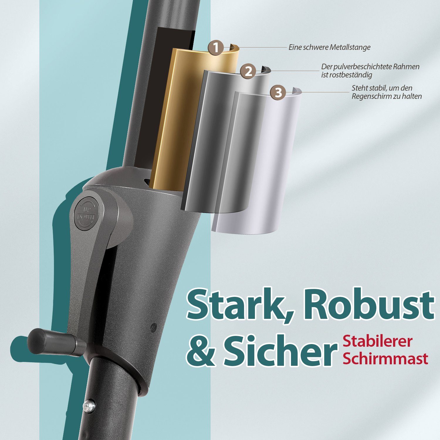 Sekey Sonnenschirm ∅ 220/270/350 cm Gartenschirm mit Kurbel Marktschirm Neigbar, LxB: 270,00x271,00 cm, Sonnenschutz UV50+, Windfest und Stabil, 100% Wasserfest – Bild 4 von 5