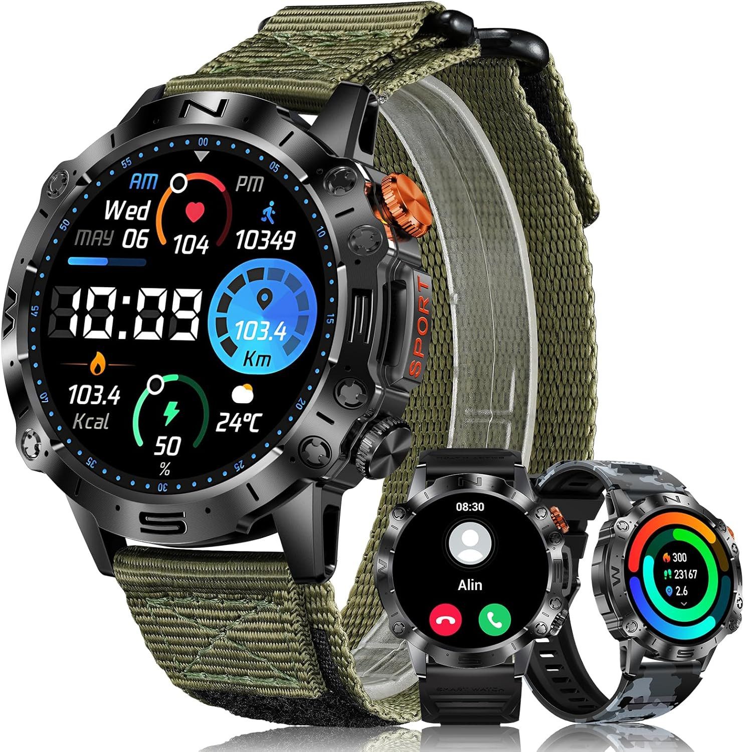MEGALITH smartwatch men K59 Smartwatch (3,6 cm, android ios), Robuste Smartwatch für Herren mit AMOLED Display und 3 Armbändern