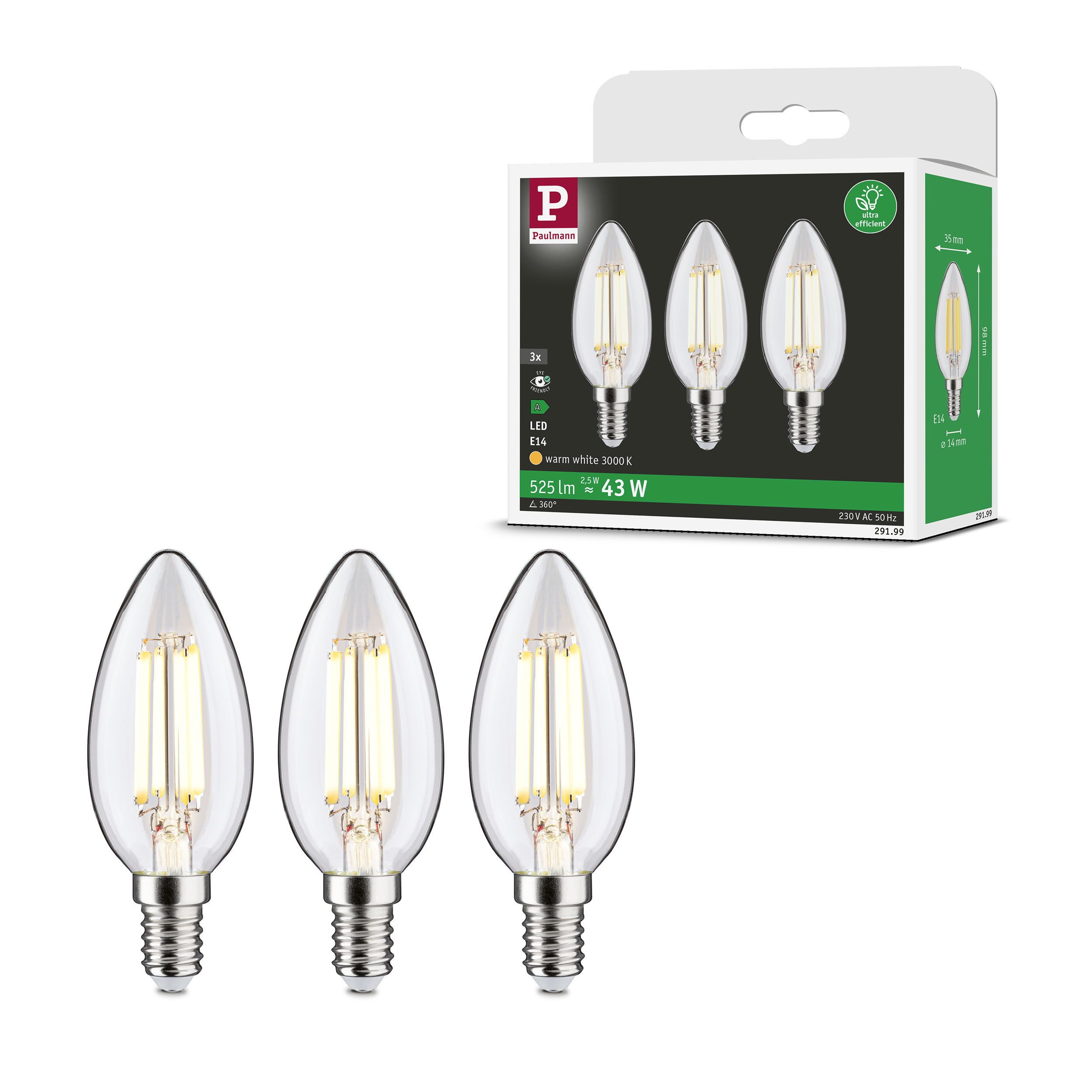 Paulmann LED-Leuchtmittel Eco-Line Filament 230V LED Kerze E14 3er-Pack 525 günstig online kaufen