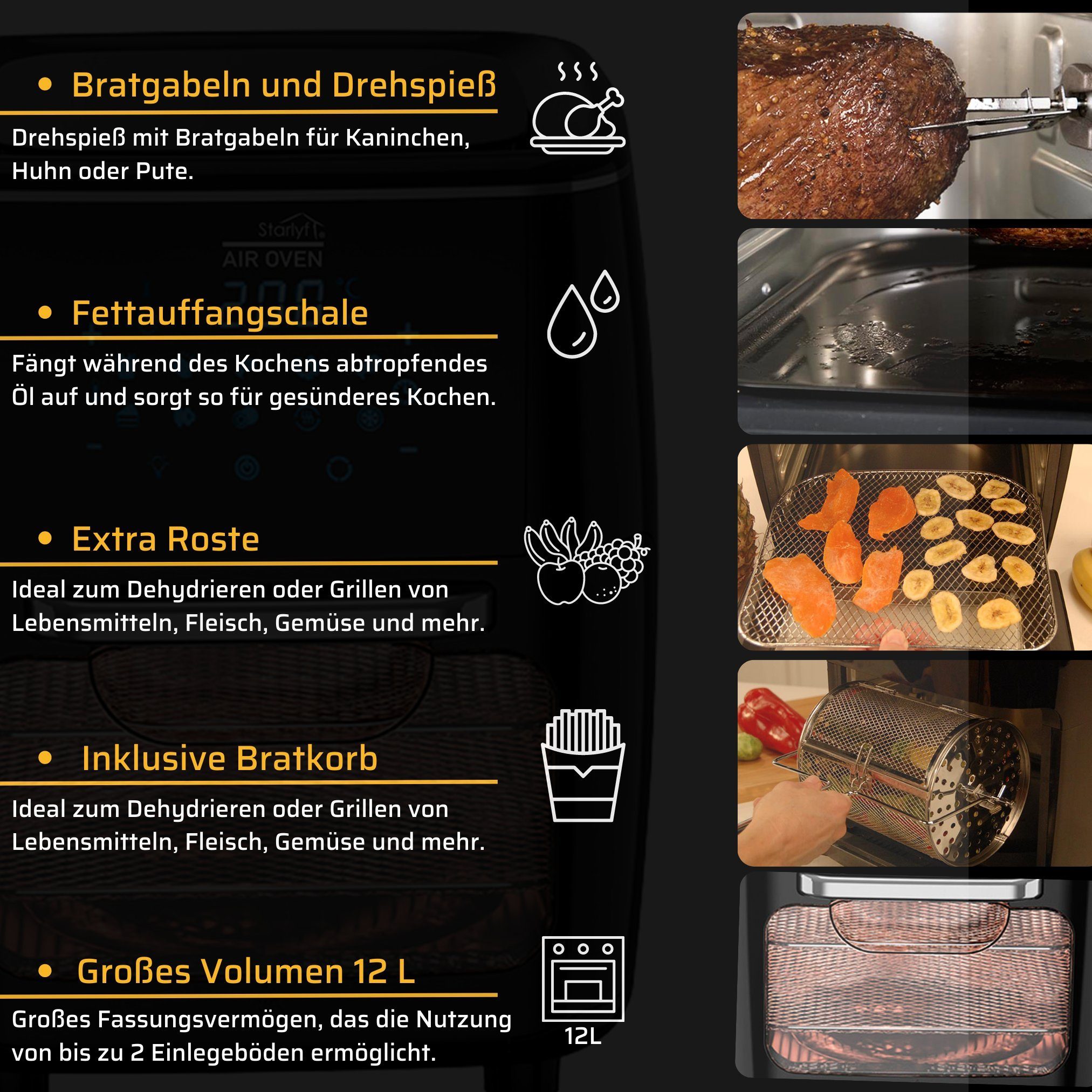 Starlyf Heißluftfritteuse, 1700,00 W, 12 Liter Fritteuse, 10 Programme, Rotisserie Funktion