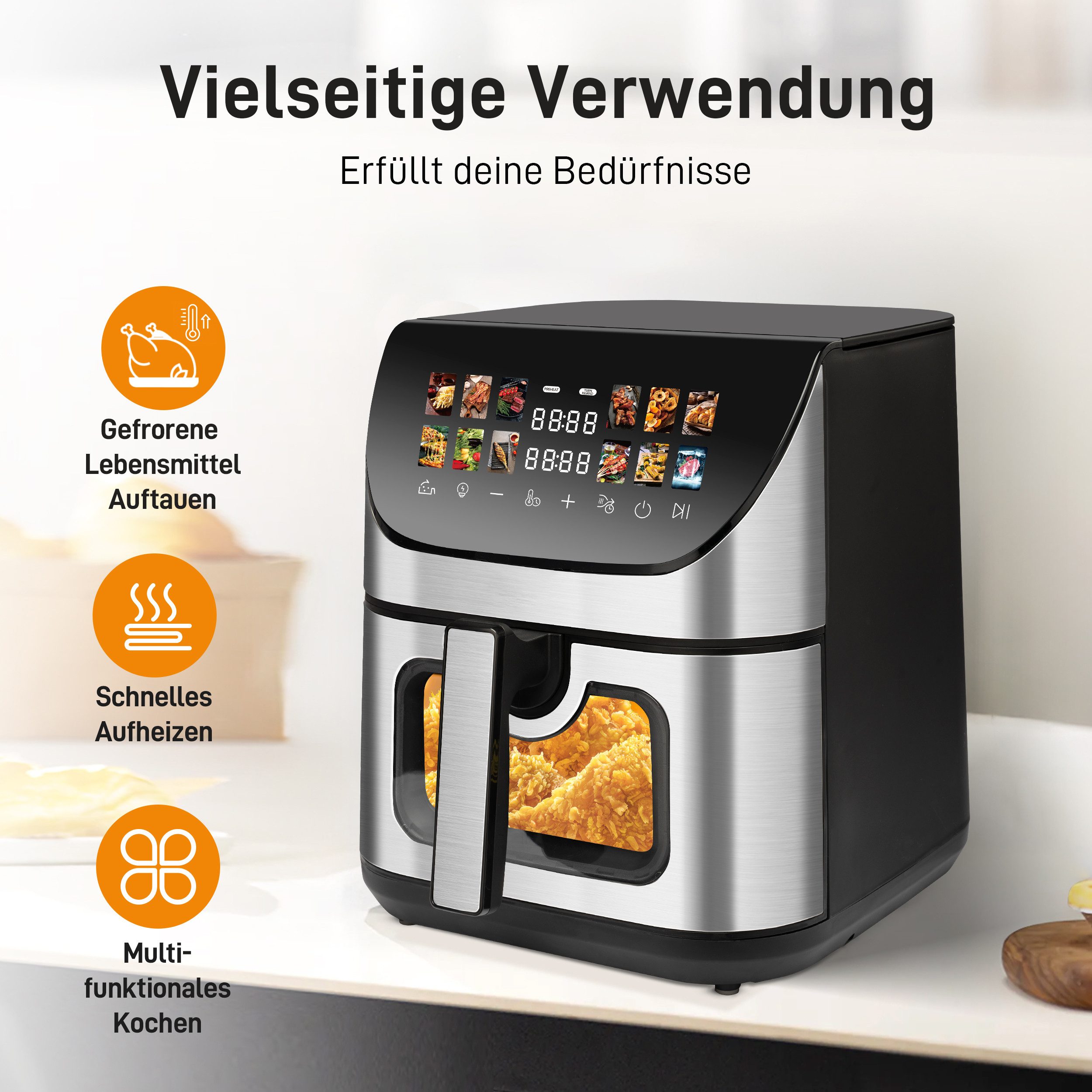 WHEELYOU Heißluftfritteuse 9L XXL, 1800W Airfryer mit LED-Farbdisplay, Sichtfenster & 12 Programmen, 1800 W, Großer Airfryer für fettarmes Kochen mit Touchscreen, Timer