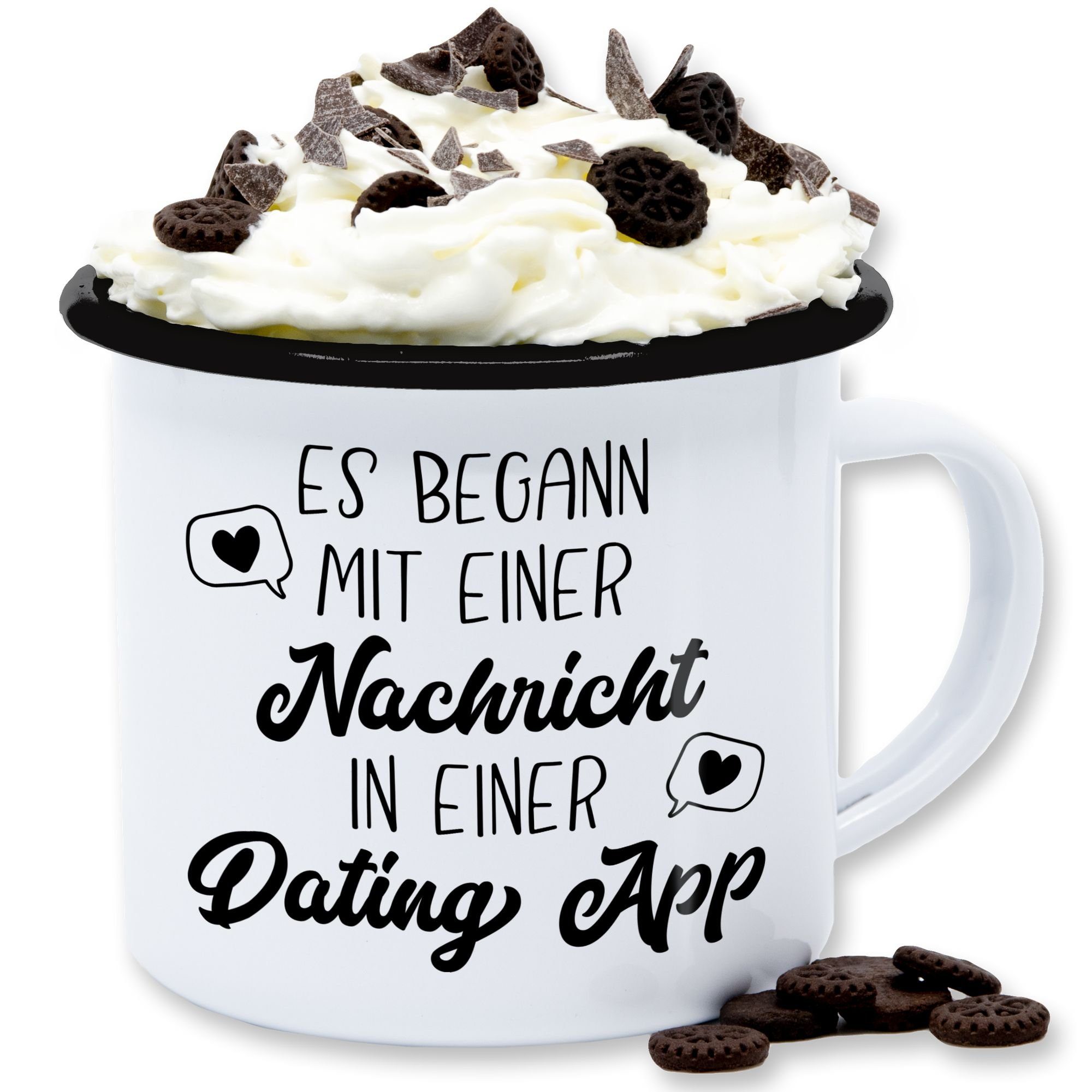 Shirtracer Tasse Es begann mit einer Nachricht Dating App, Stahlblech, Valentinstag Geschenk 1 Weiß Schwarz