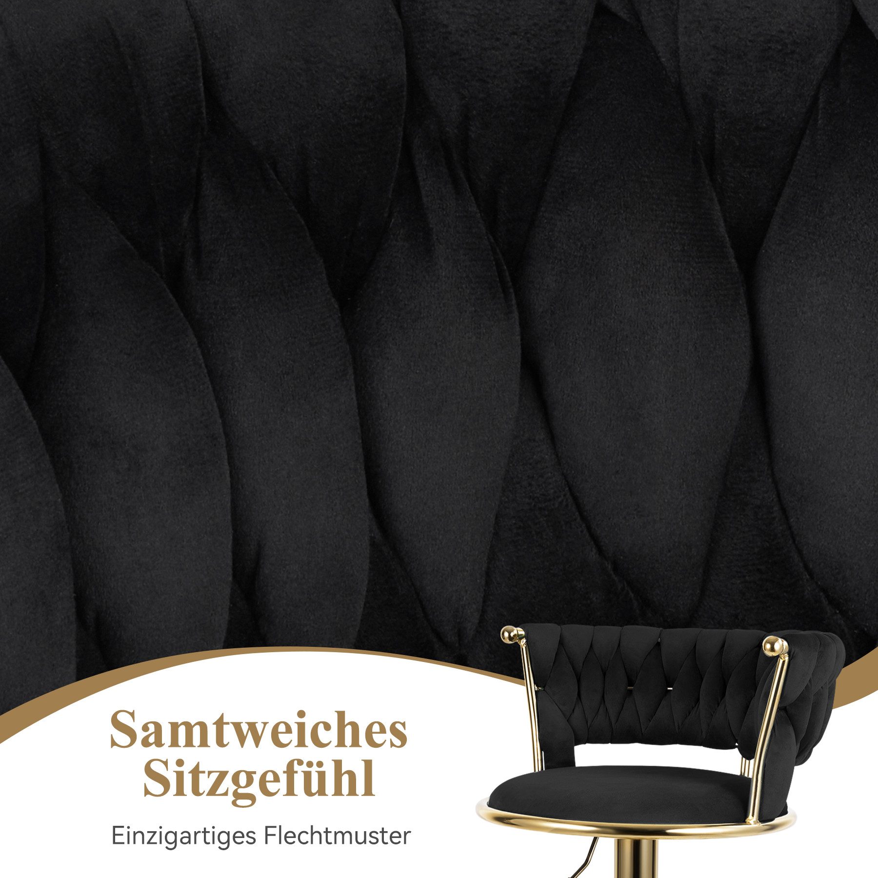 HawthyHome Barhocker Barstuhl mit Rückenlehne und Fußstütze höhenverstellbar drehbar (2 St), mit goldener Metallbasis, Schwarz – Bild 3 von 5