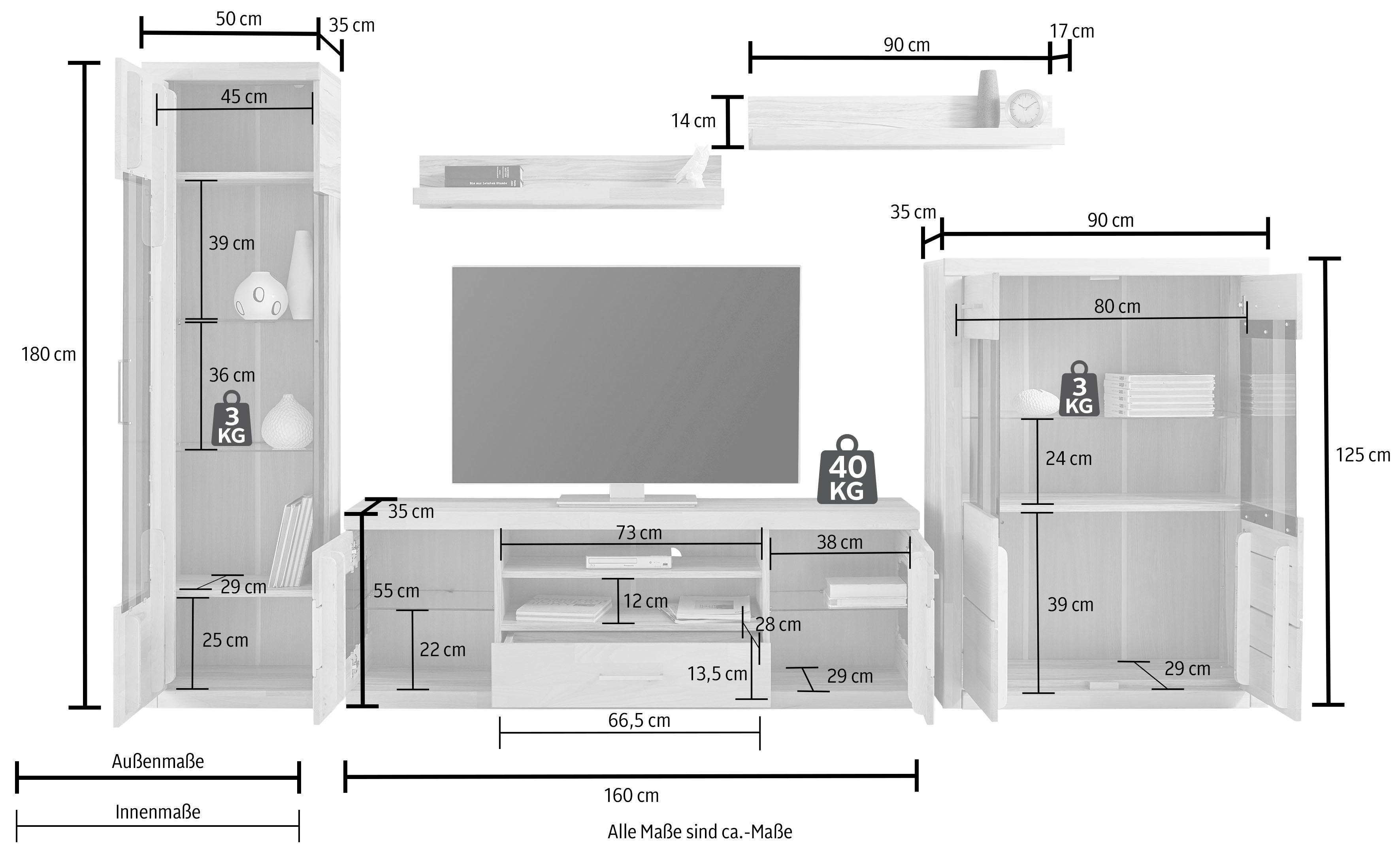 OTTO home Wohnwand Ribe: 5teilig, Breite: 300cm,Fronten aus Massivholz,Korpus aus Melamin, (Set, 5-St), B/T/H:300/35/180cm, Einlegeböden teilweise verstellbar – Bild 5 von 5