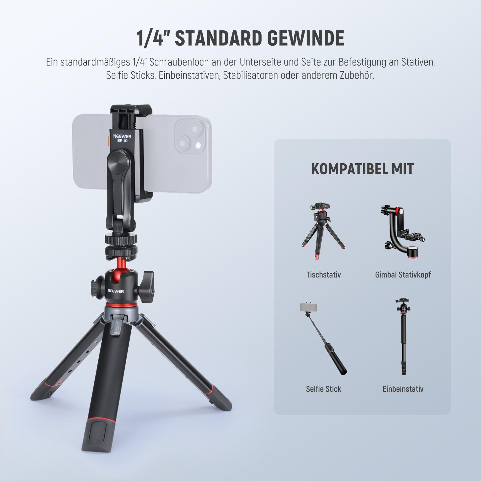 Neewer Handy-Halterung SP-10 Handyhalterung mit 1/4" Gewinde & Kaltblitzschuh, (bis 3.54 Zoll, Packung, Einstellbar, Stabil) – Bild 3 von 5