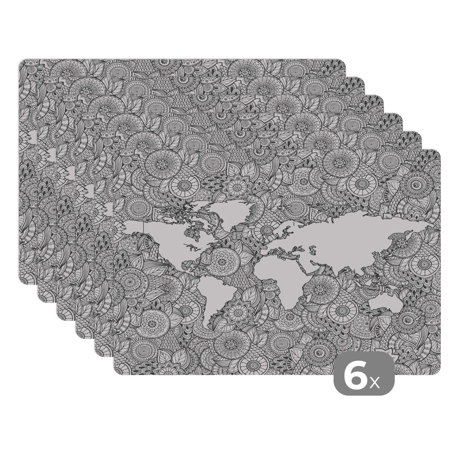 Platzset, Weltkarte - Muster - Schwarz und weiß, MuchoWow, (6-St), Platzset, Platzdecken, Platzmatte, Tischmatten, Schmutzabweisend