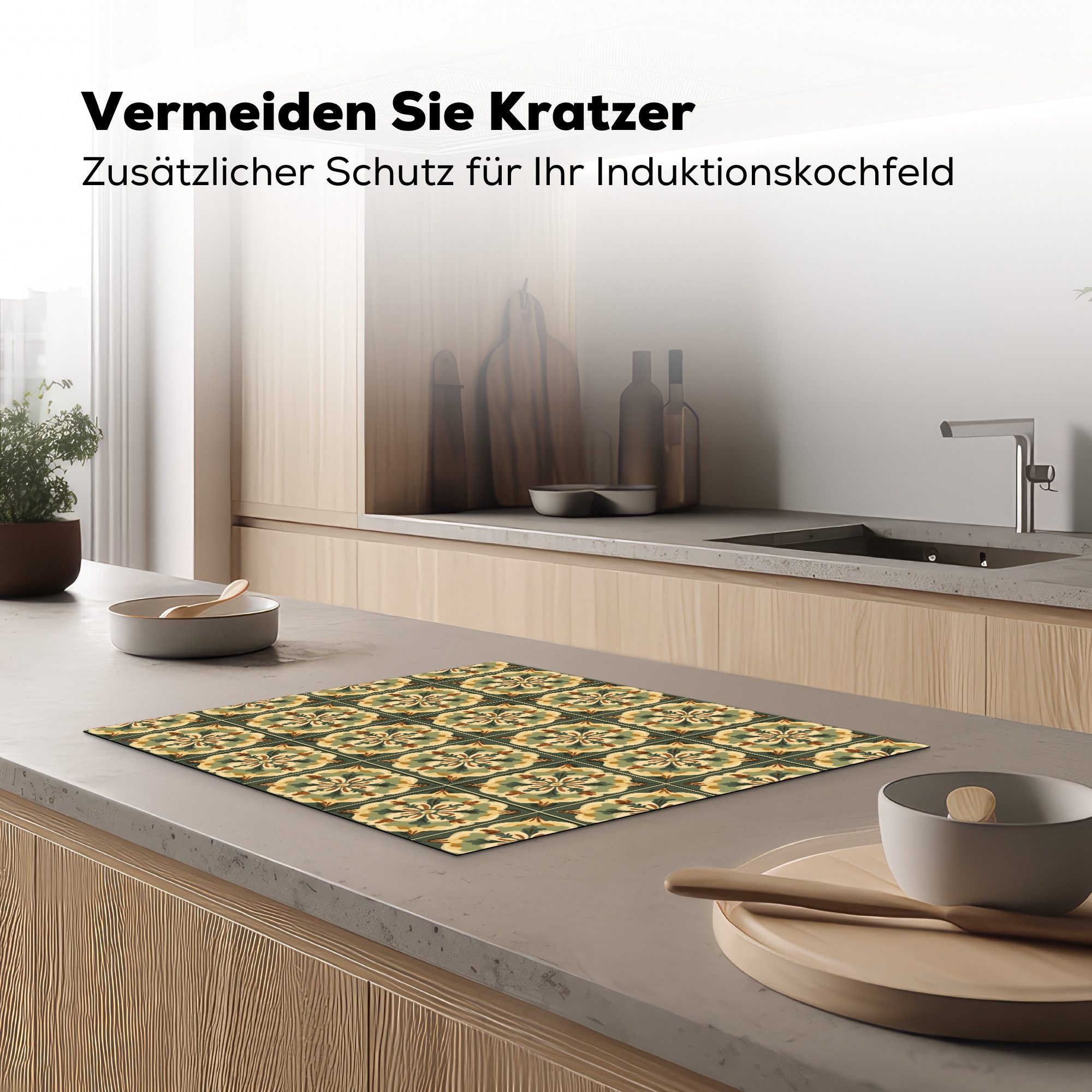 MuchoWow Herd-Abdeckplatte Ornament - Muster - Grün, Vinyl, (1 tlg), Herdabdeckplatten für Ceranfeld, Induktionsschutz, 65x55 cm