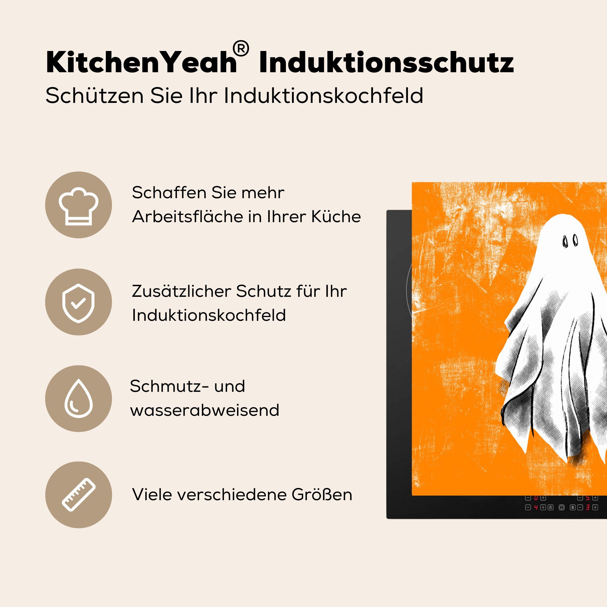 MuchoWow Herdblende-/Abdeckplatte Halloween Illustration Geist (1 tlg), abgenutzten Hintergrund, Ceranfeldabdeckung, 78x78 küche Vinyl, auf cm, Arbeitsplatte für