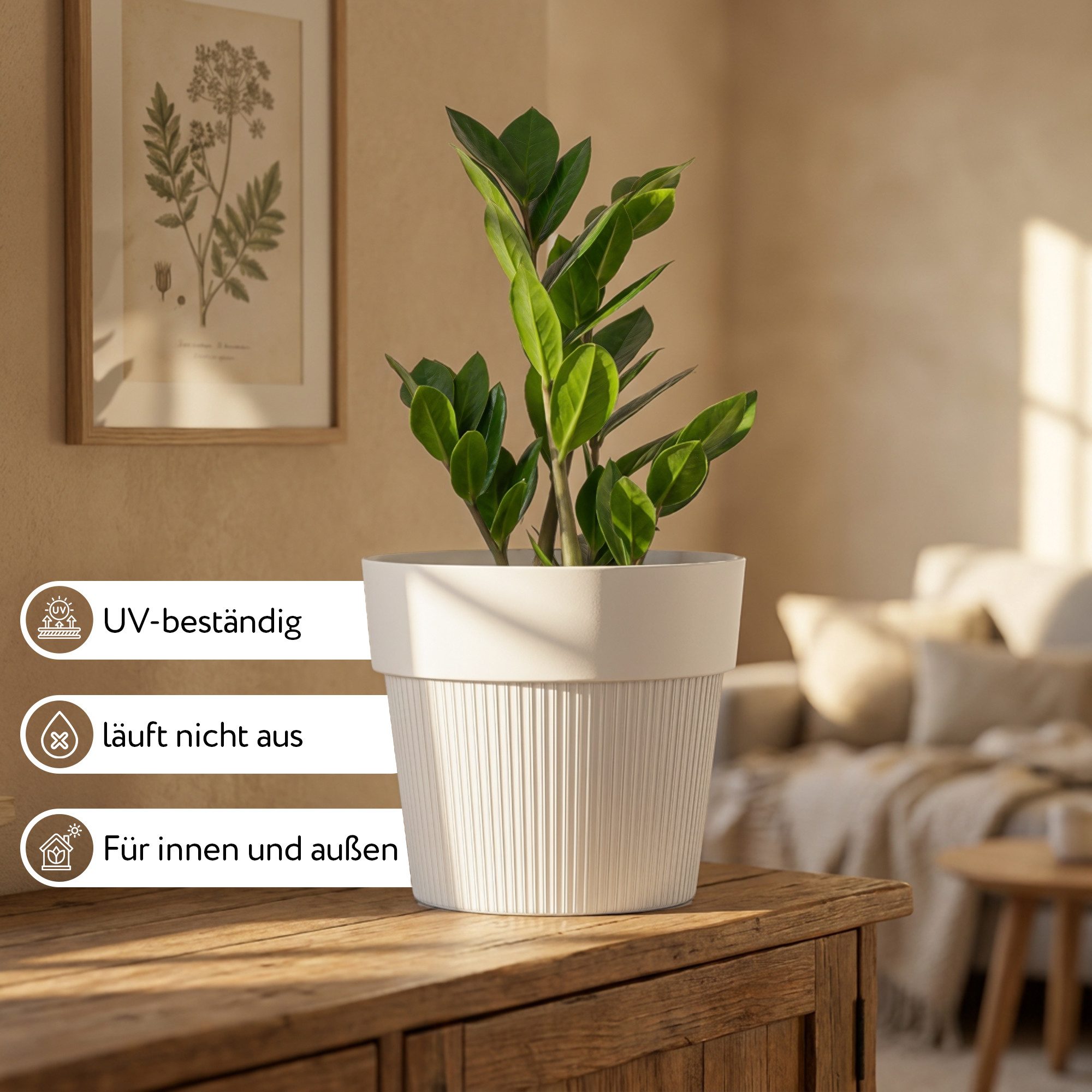 KONZEPT Übertopf 20 cm Durchmesser, 3,6 L, UV- & wetterbeständig, Matte Oberfläche, Oberer Rand & vertikale Rillenstruktur, 3,6 L