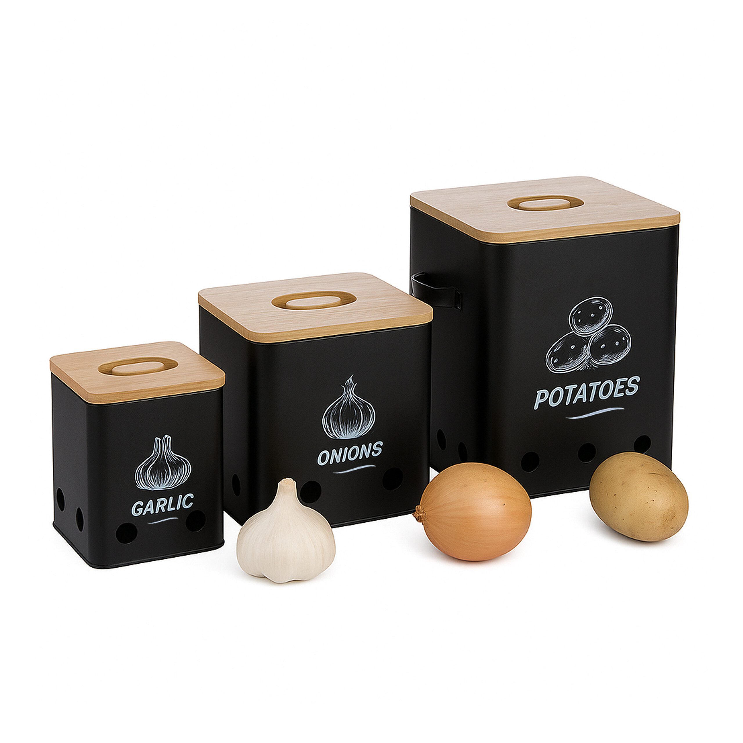 relaxdays Vorratsdose Kartoffel Aufbewahrungsbox 3er Set, Eisen, (3-tlg), schwarz