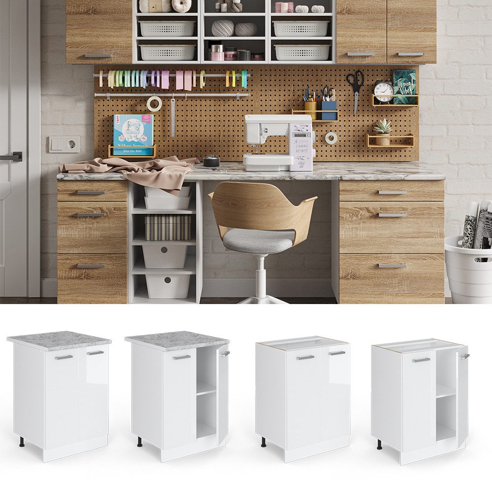 Vicco Schranksystem R-Line, Weiß Hochglanz/Weiß, 60 cm mit Türen, ohne Arbeitsplatte