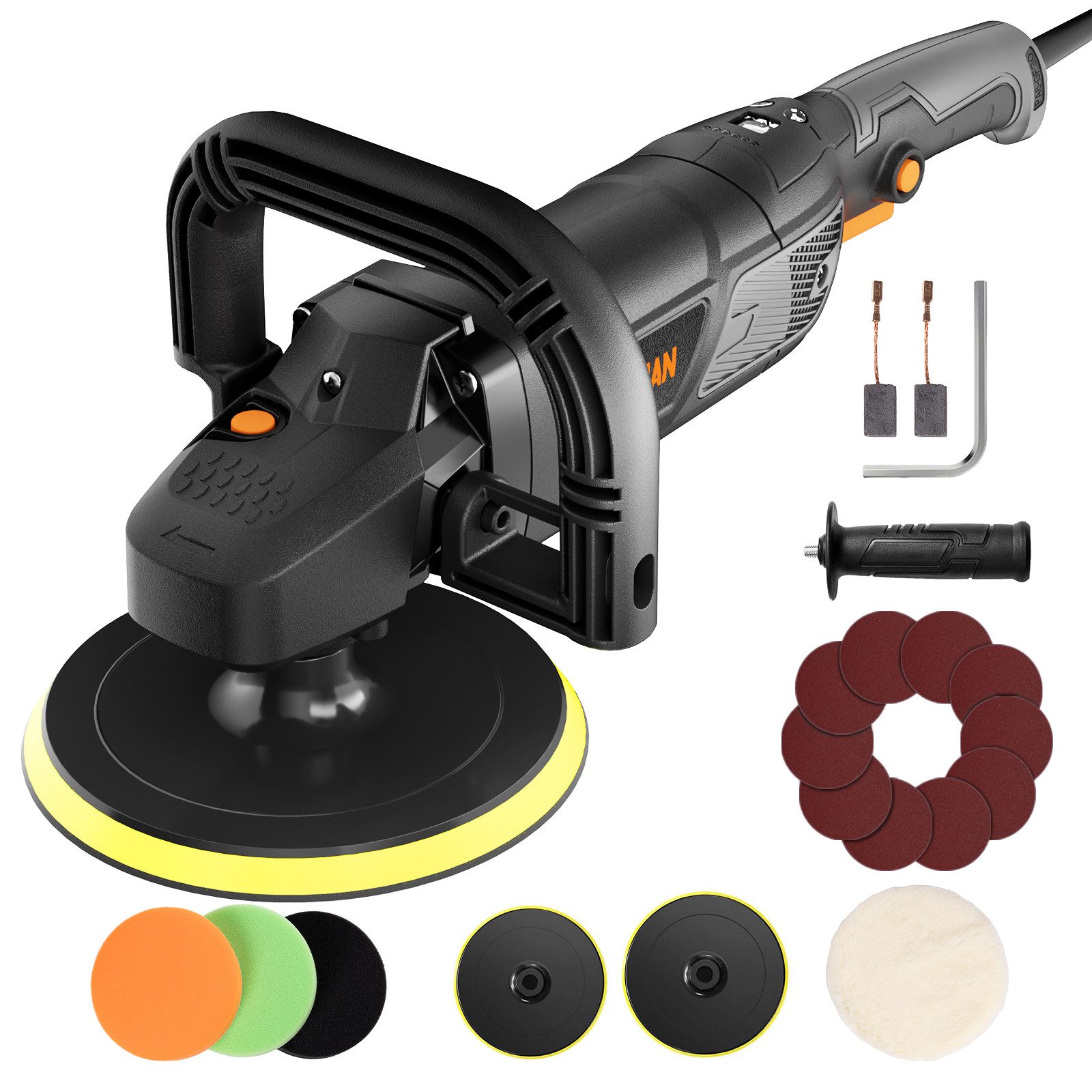 Poliermaschine 1500W, 180 mm/150 mm, 6 variable Geschwindigkeiten 600–3000 U/min