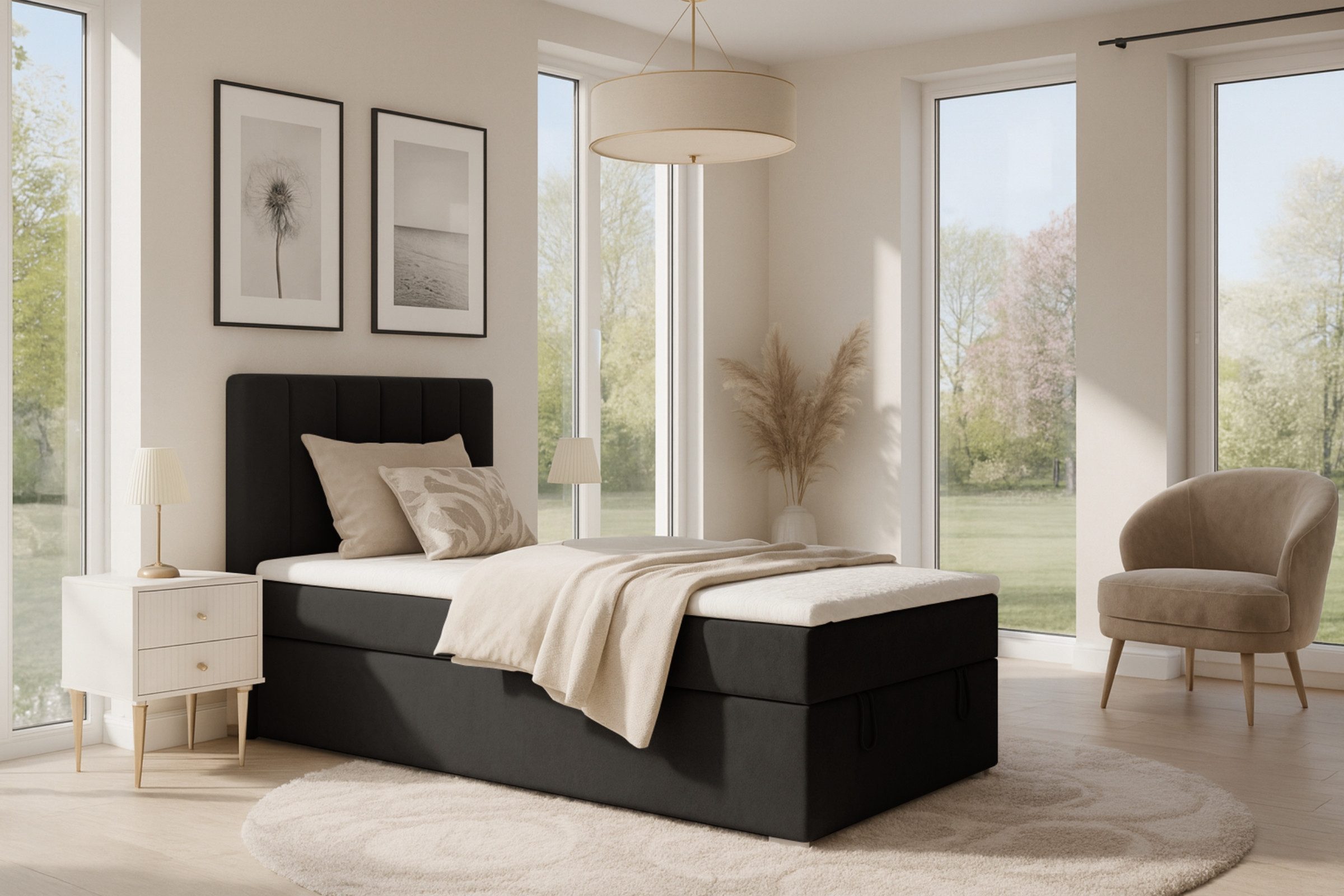 Deine Möbel 24 Boxspringbett DAVID MINI Boxbett Polsterbett Kompletbett Velours Samt (Jugendbett Jugendzimmer Schlafzimmer Bett, 3-St., 100x200 120x200 Creme Beige Hellgrau Grau Anthrazit Schwarz), Bonellfederkern- H3 oder Taschenfederkern-Matratze 7 Zonen H4