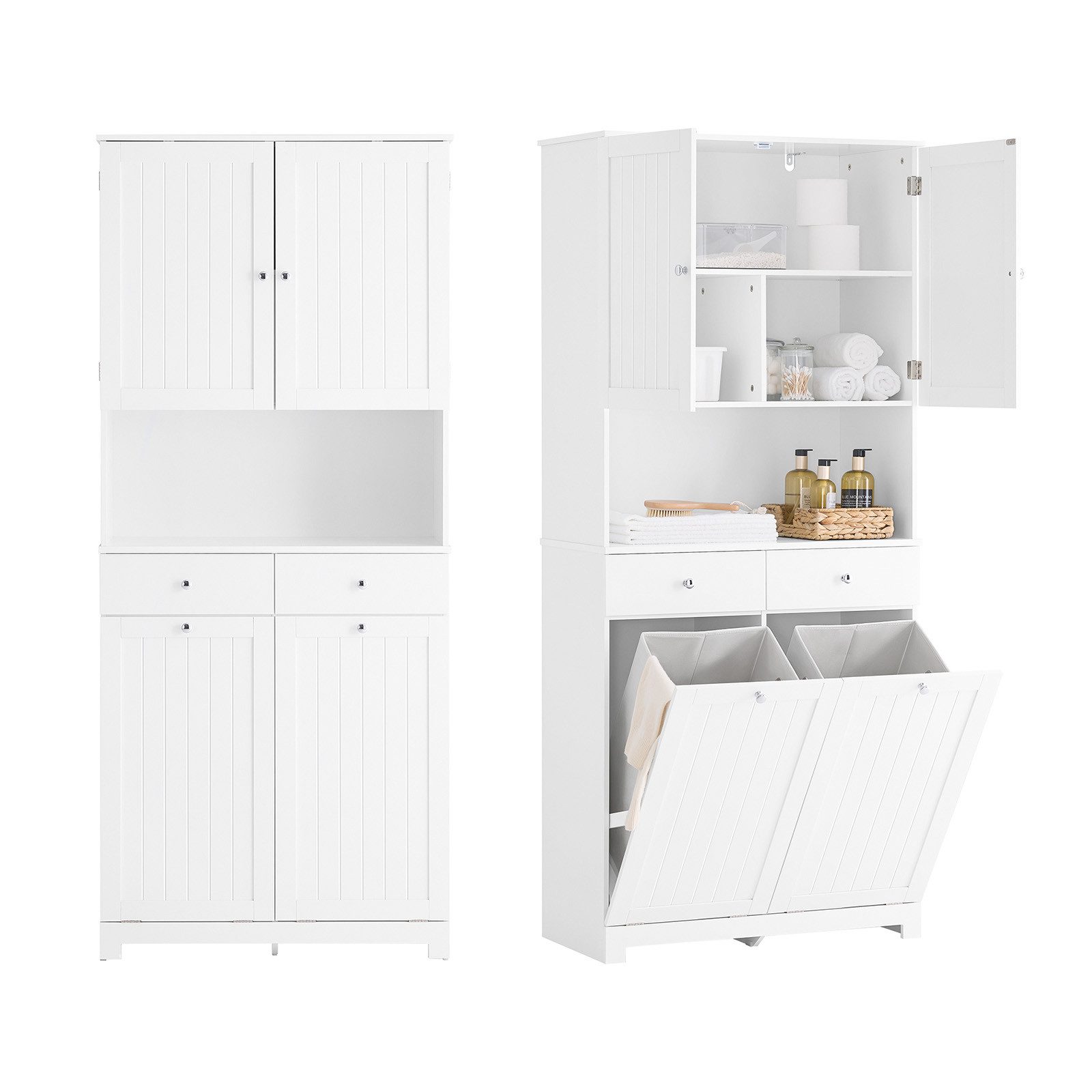 SoBuy Badkommode BZR215, Badezimmerschrank, 4-in-1 Hochschrank, Aufbewahrungsschrank, Wäscheschrank Badschrank mit 2 Wäschekörben, 2 Schubladen offenes Fach