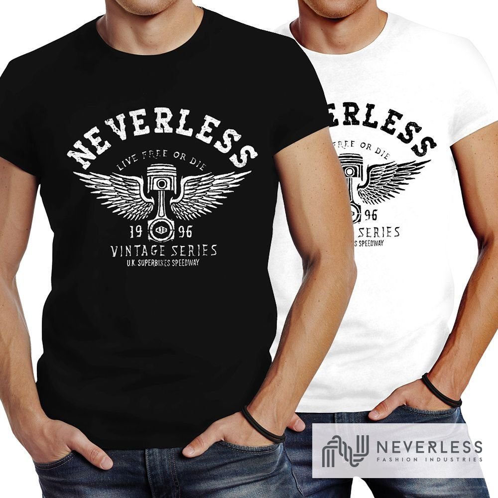 Neverless® Herren Fit Slim Print mit Wings Neverless T-Shirt Engine Motorrad Flügel Motorblock grau Biker Print-Shirt