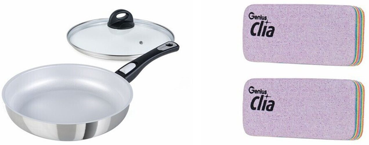 Genius Bratpfanne Cerafit Steel, inkl. Rainbow Schwämme, Set 4-tlg., Edelstahl 18/10 (Set, 4-tlg., Pfanne mit abnehmbarem Griff, Glasdeckel, 2x Clia Rainbow Schwämme), hitzebeständig, spülmaschinengeeignet