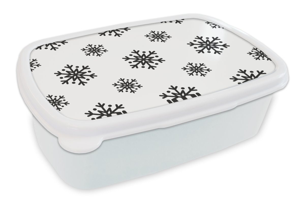 MuchoWow Lunchbox Schneeflocke - Winter - Schwarz - Weiß - Muster, Kunststoff, (2-tlg), Brotbox für Kinder und Erwachsene, Brotdose, für Jungs und Mädchen