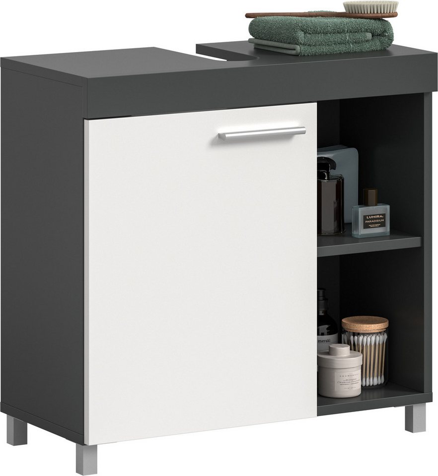 welltime Waschbeckenunterschrank HANO, Badezimmer, WBU, Waschtisch, Kommode, Unterschrank (in 2 verschiedenen Farben und 2 verschiedenen Ausstattungen erhältlich) 1 Tür, 2 höhenverstellbare E-Böden, 4 Fächer, mit Siphonausschnitt